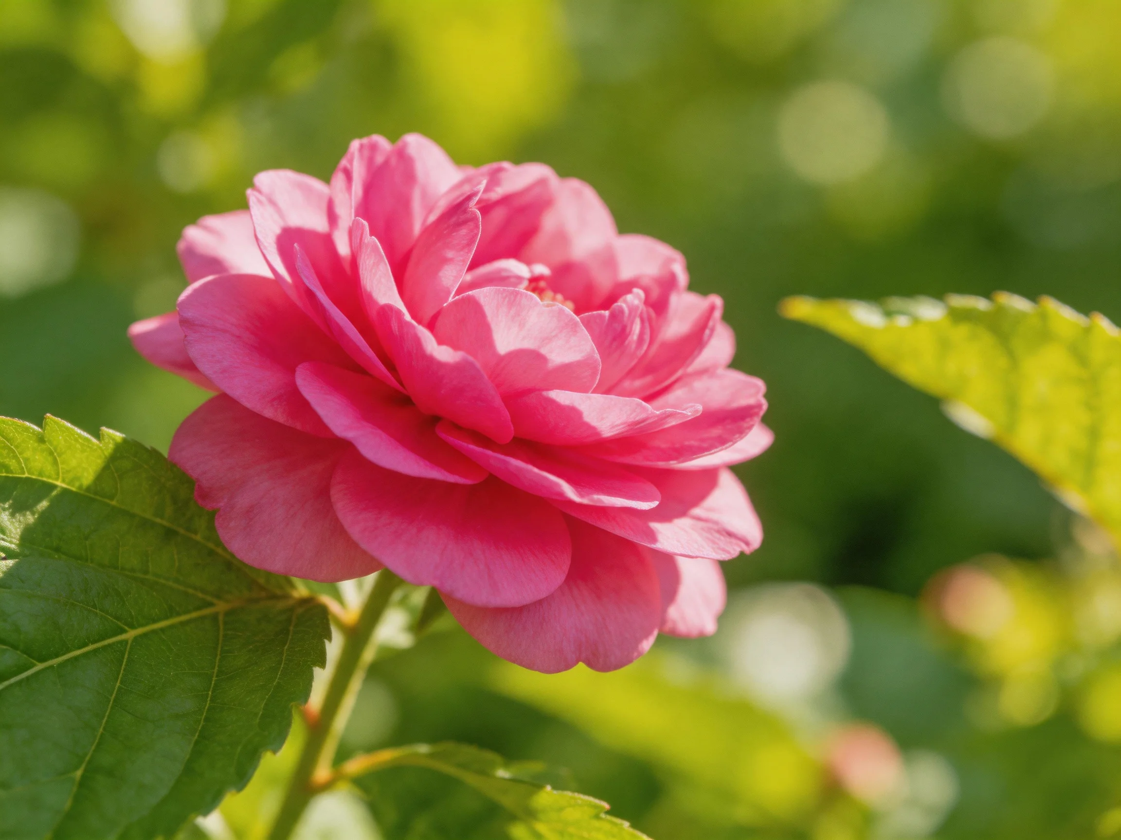 A vibrant pink rose blooms amid lush green foliage