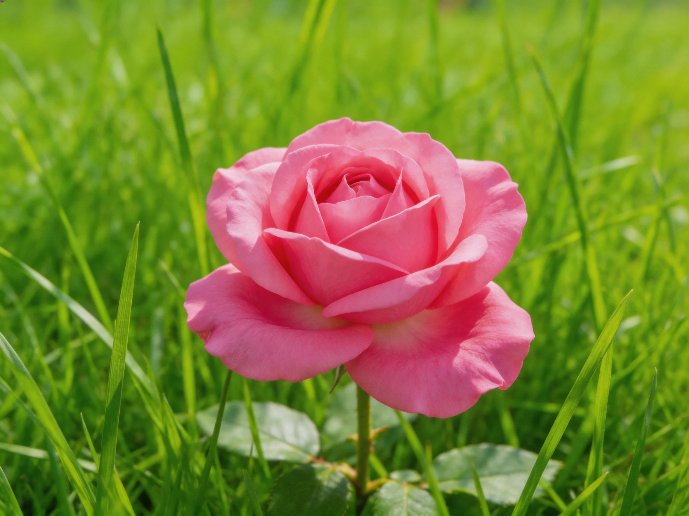 A vibrant pink rose blooms amid lush green grass blades