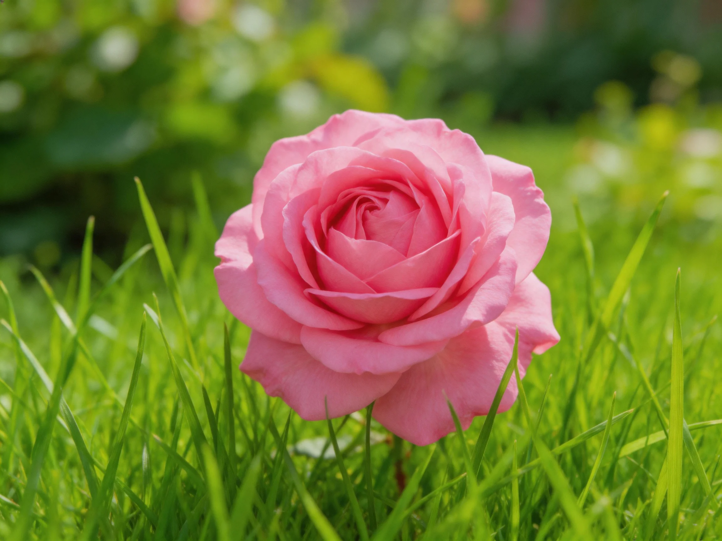 A vibrant pink rose blooms amid lush green grass