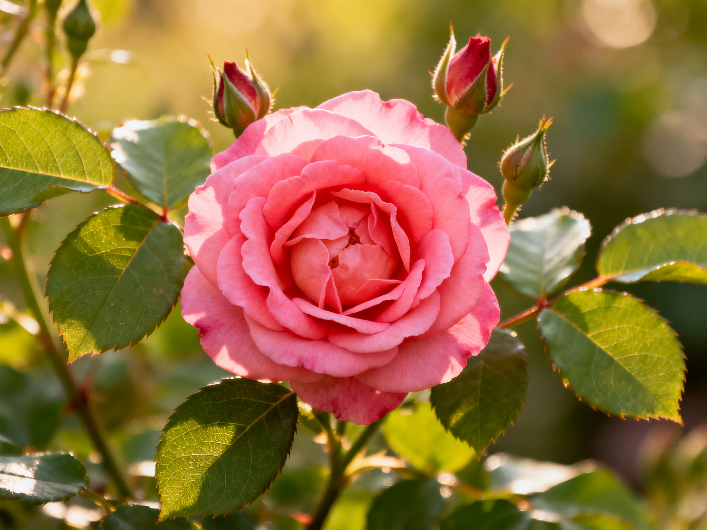 A vibrant pink rose blooms among green buds and leaves