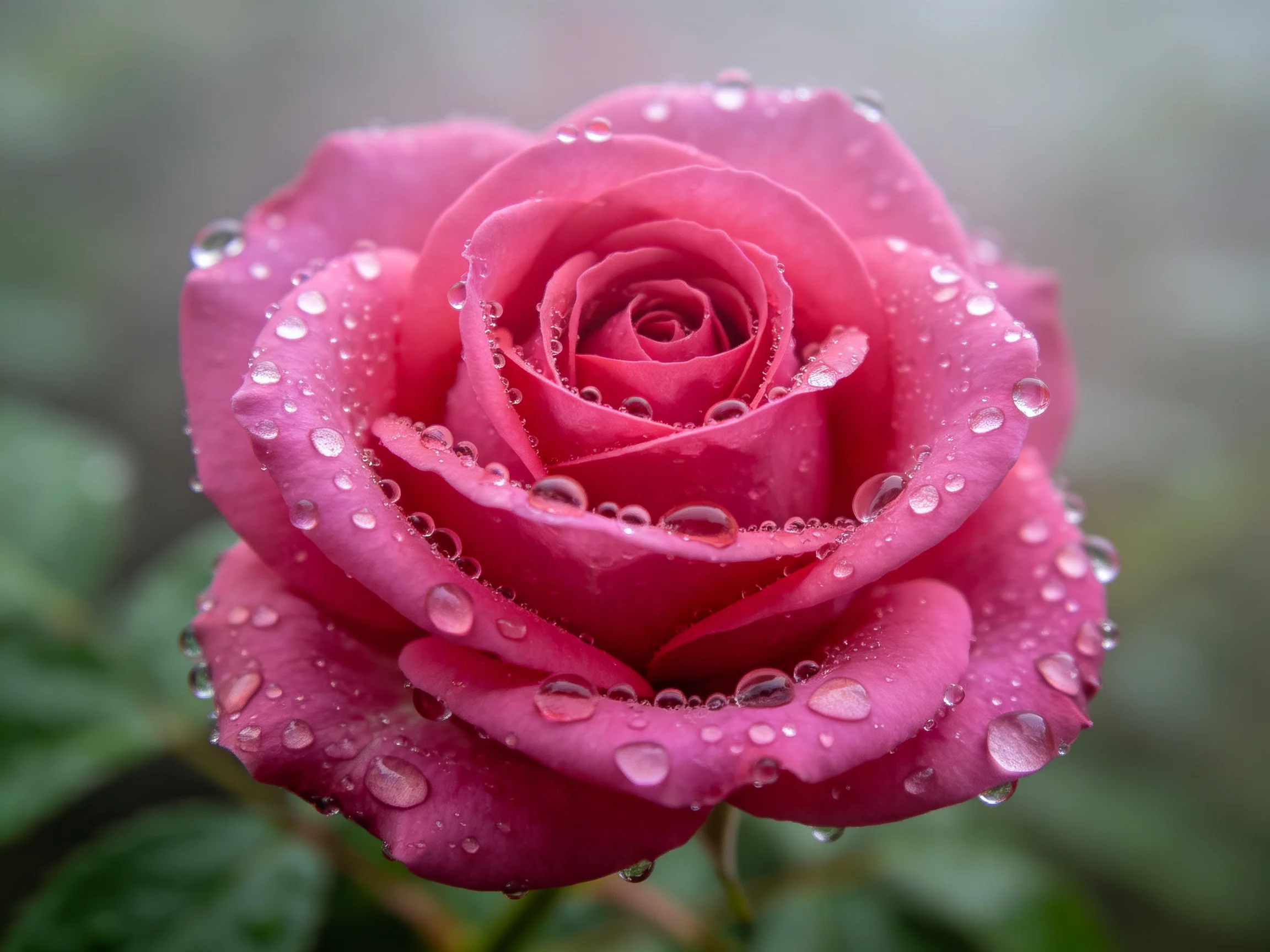 A vibrant pink rose covered in glistening water droplets