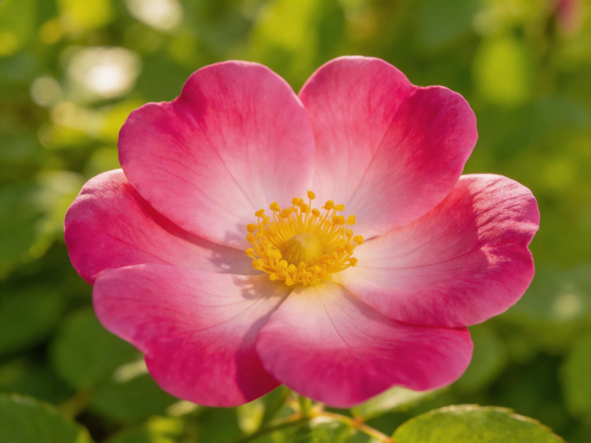A vibrant pink rose with a bright yellow center amid green foliage
