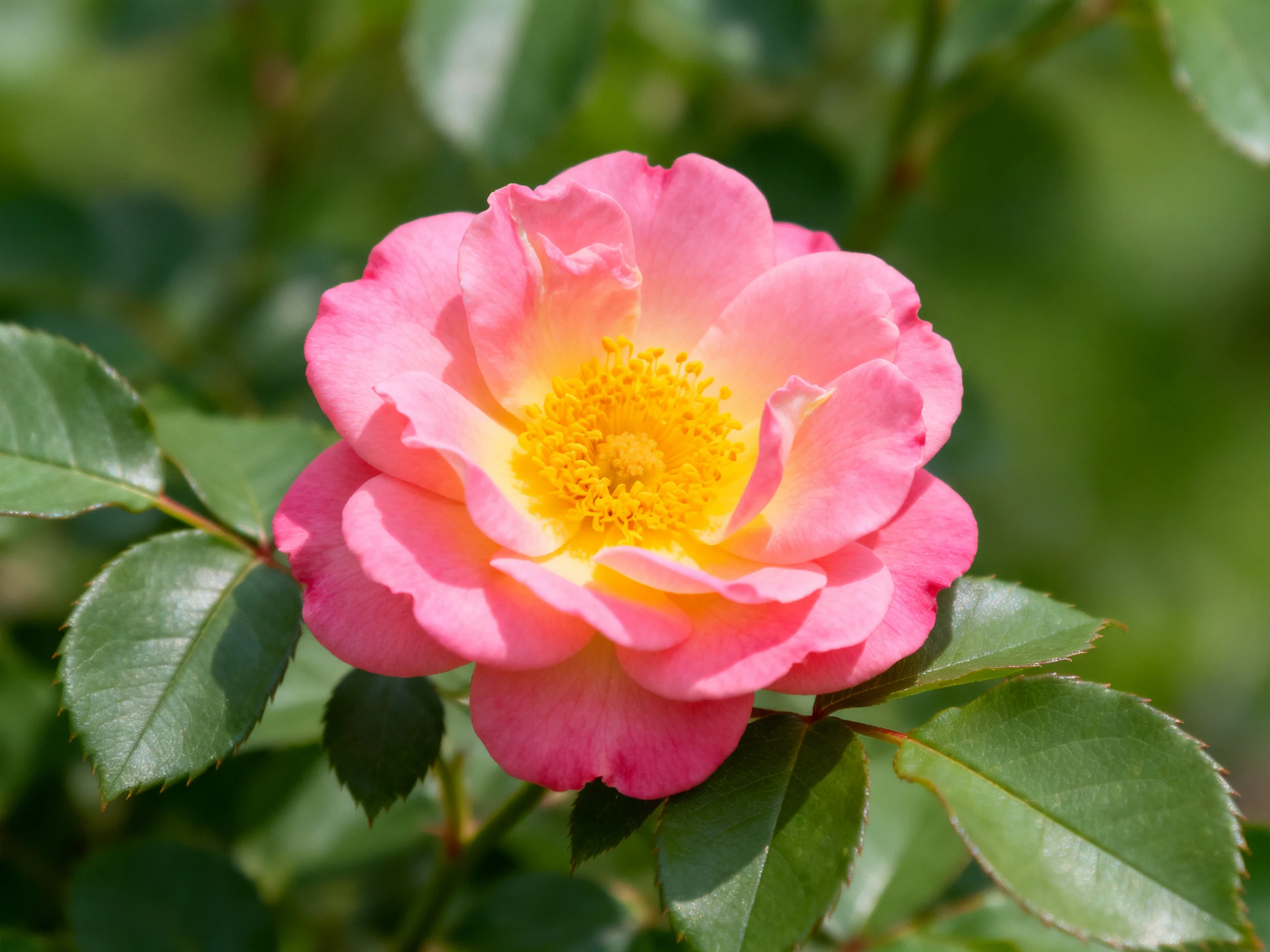 A vibrant pink rose with bright yellow center, lush green leaves