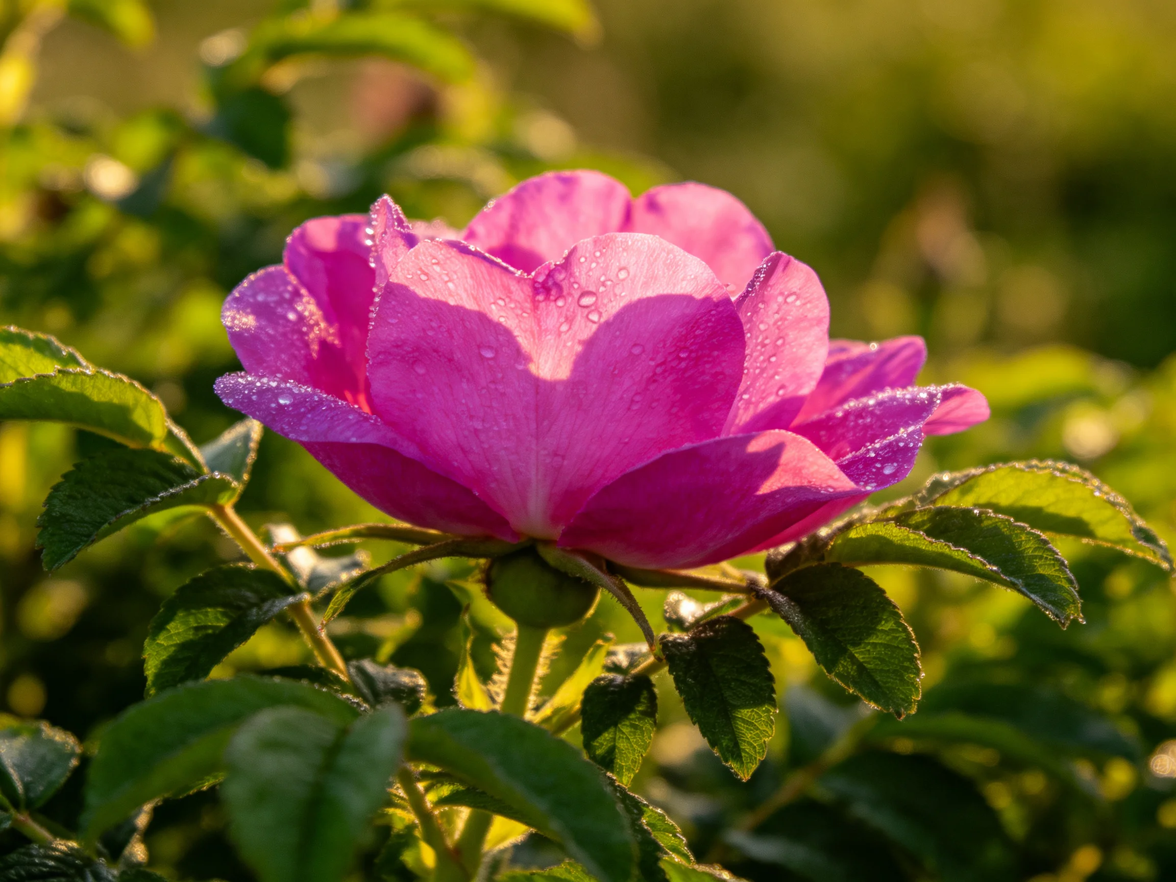 A vibrant pink rose with dew drops amid lush green foliage