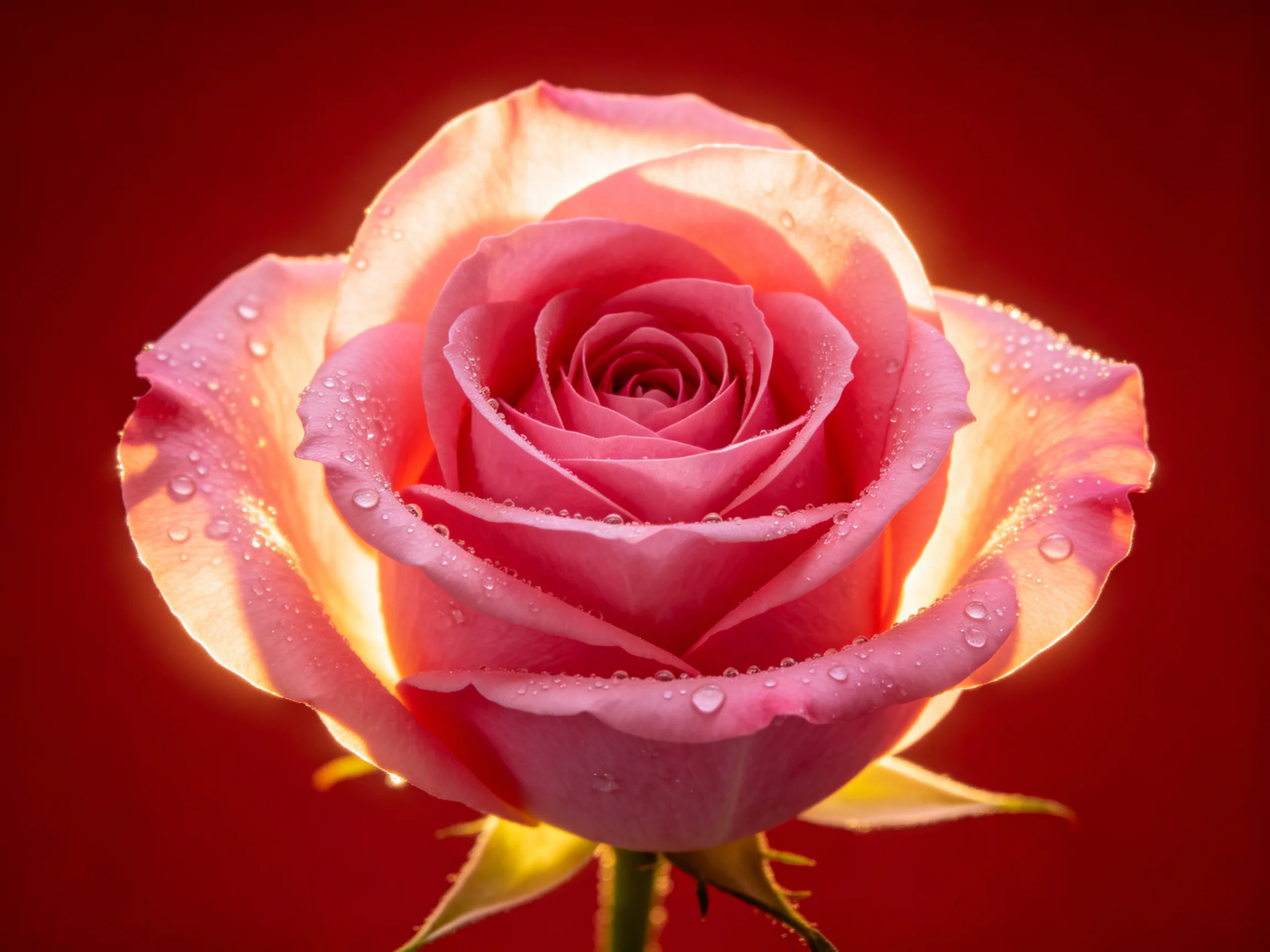 A vibrant pink rose with dewdrops against a deep red backdrop