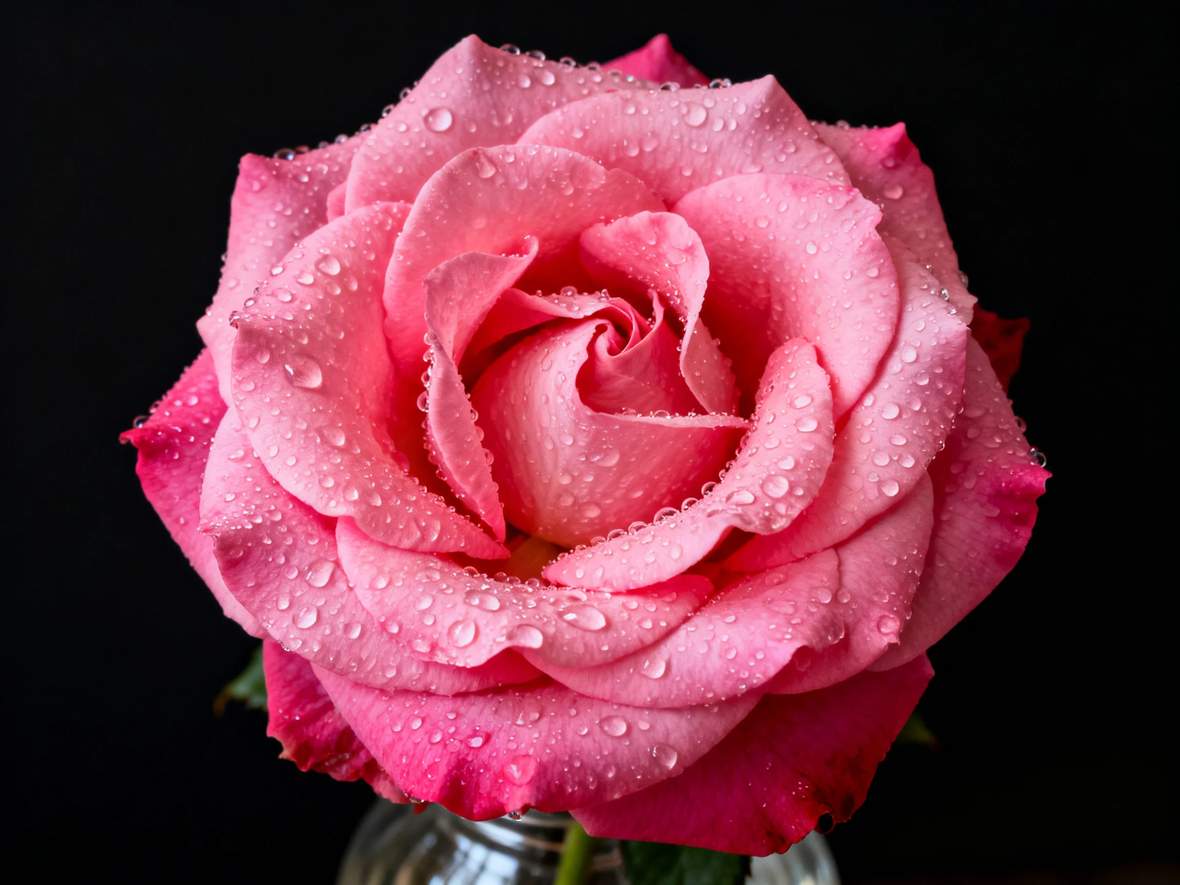 A vibrant pink rose with dewdrops, centered against a black backdrop