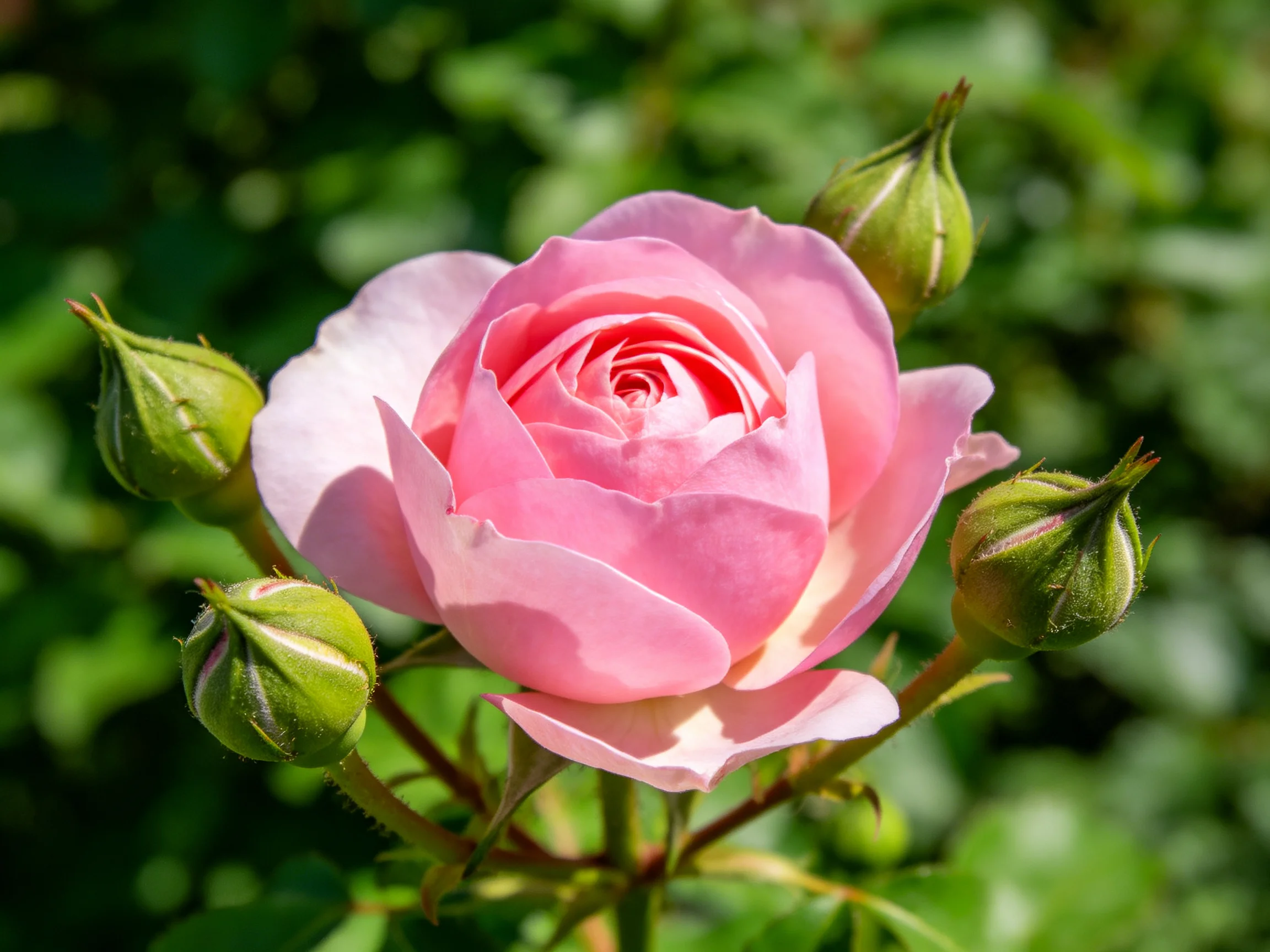 A vibrant pink rose with four green flower buds