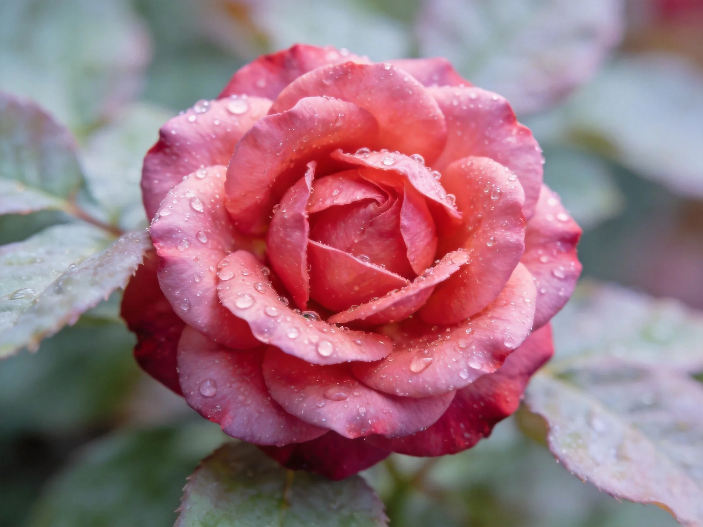 A vibrant pink rose with glistening water droplets