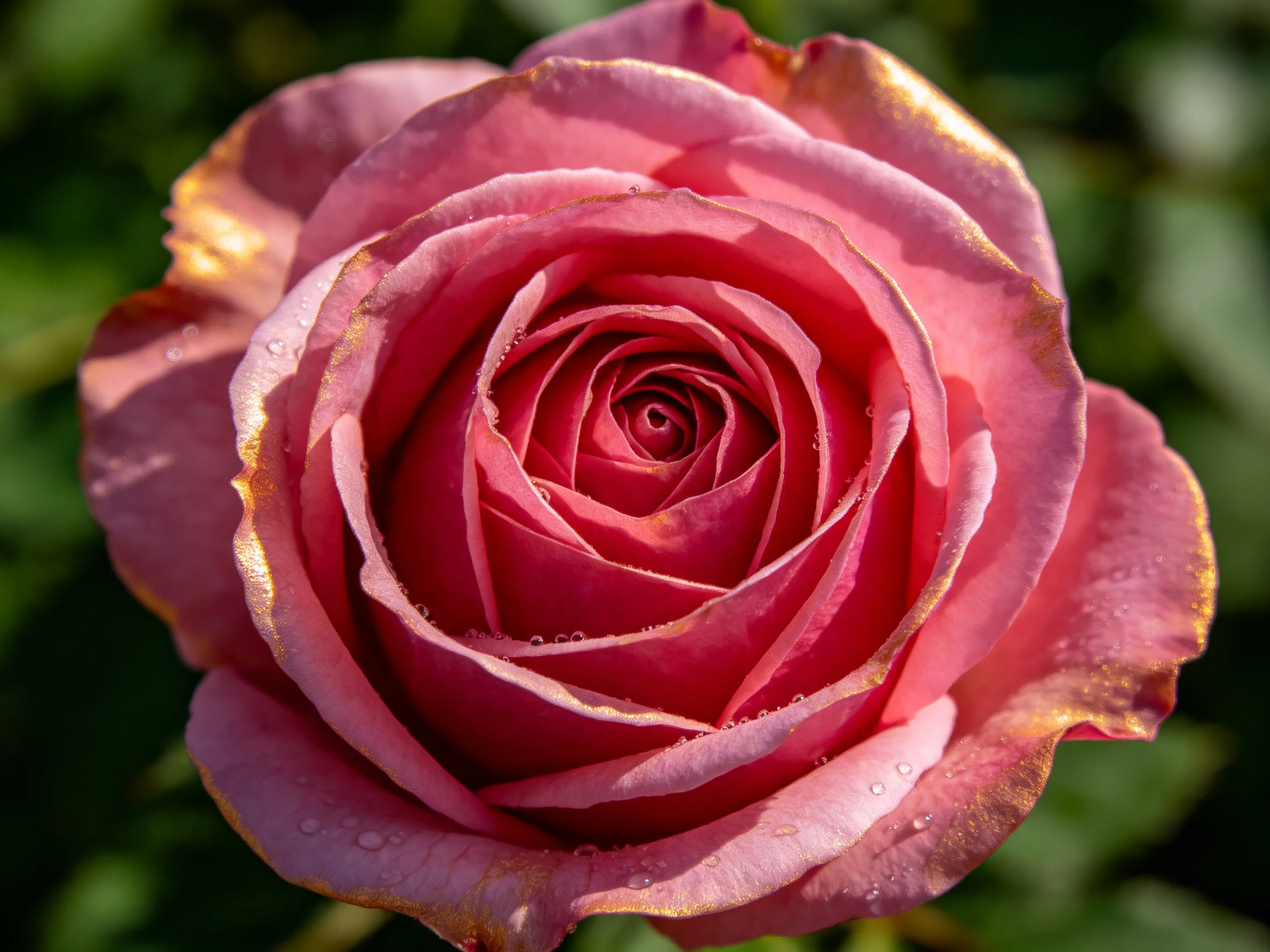 A vibrant pink rose with golden petal edges, dew drops sparkling