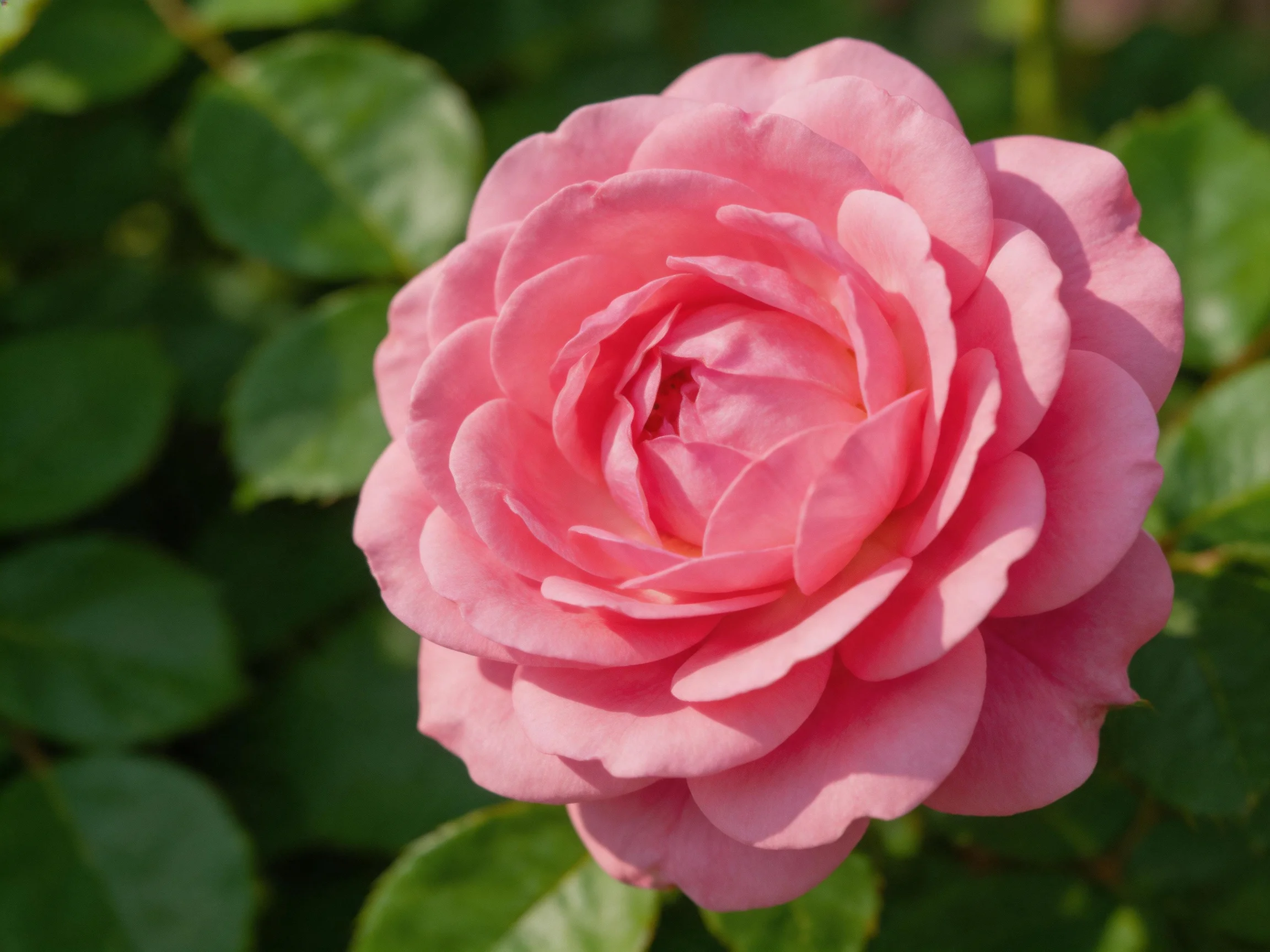 A vibrant pink rose with layered petals amid green foliage