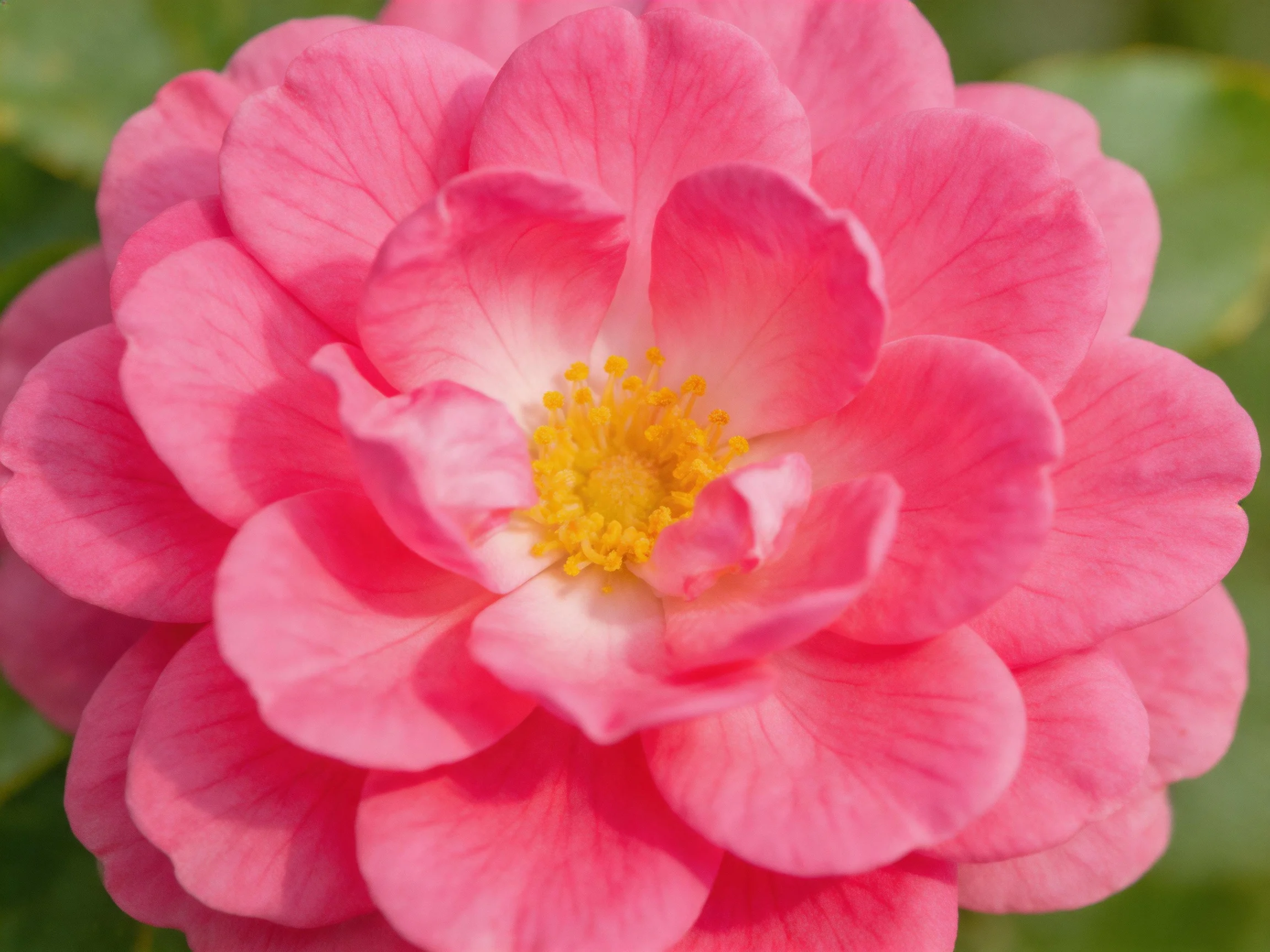 A vibrant pink rose with layered petals and bright yellow center