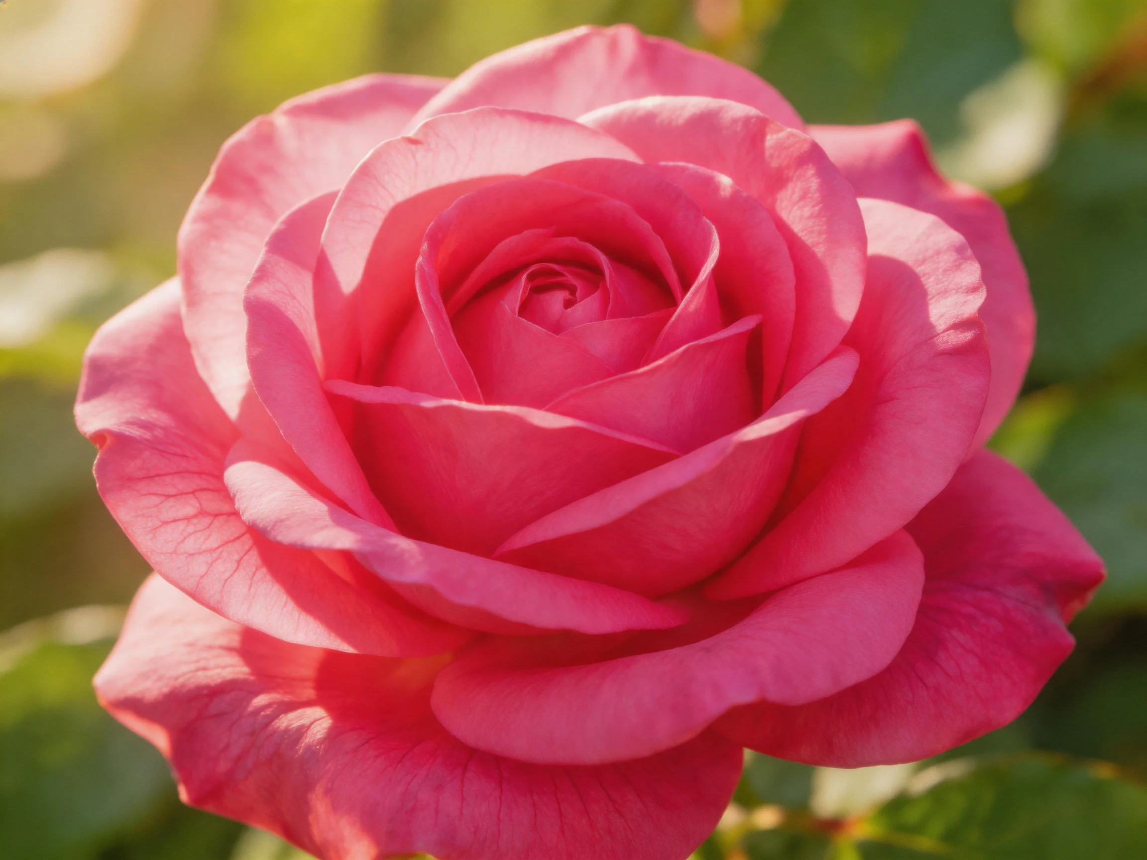 A vibrant pink rose with layered petals in soft sunlight