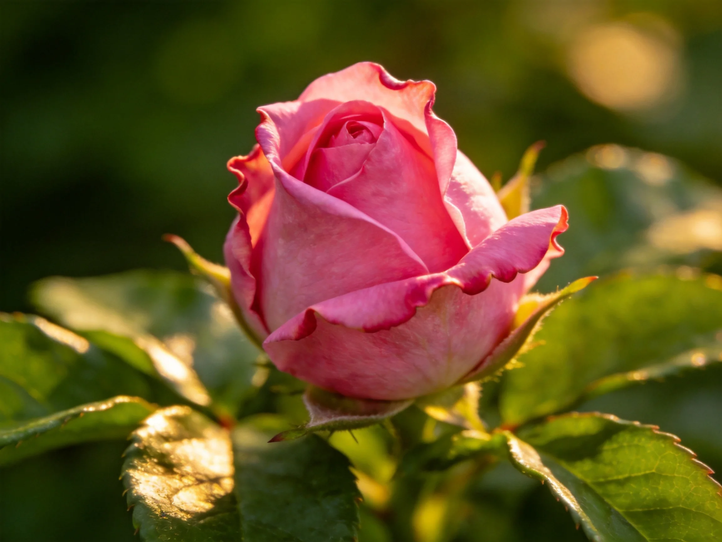 A vibrant pink rosebud nestled among lush green leaves