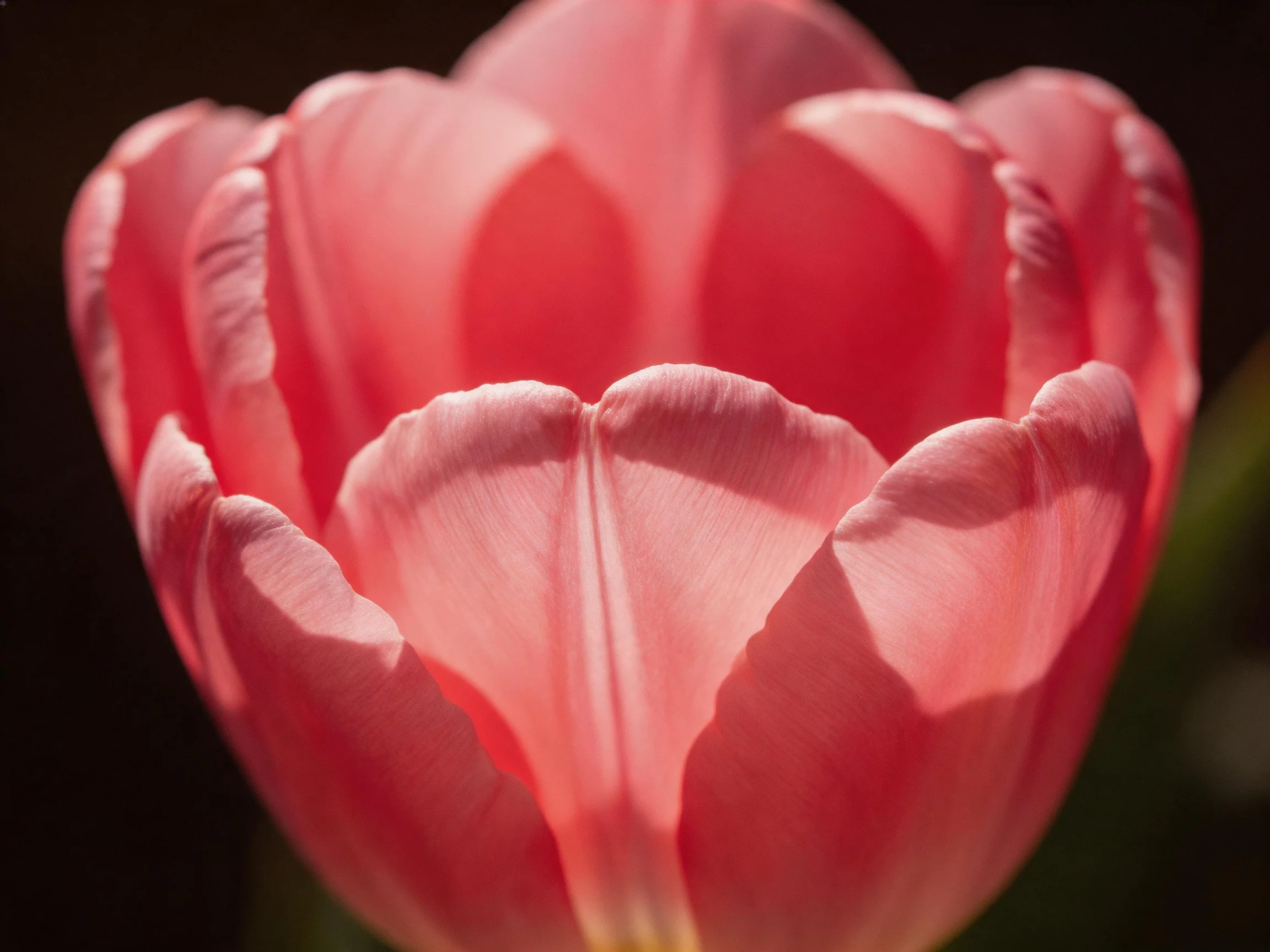 A vibrant pink tulip with layered petals against a dark backdrop