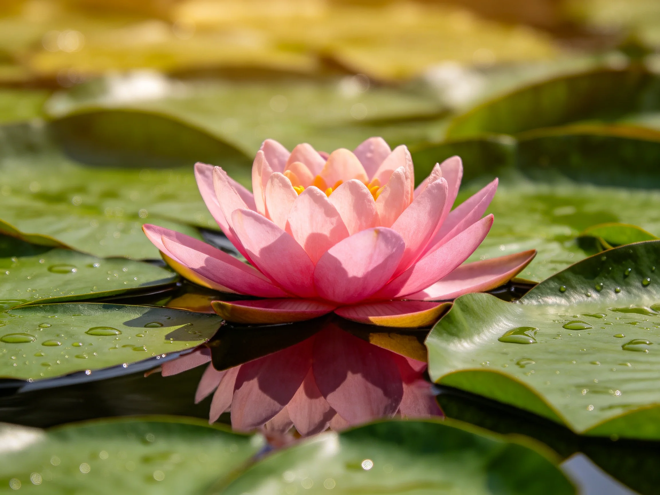 A vibrant pink water lily blooms amid glossy green lily pads in reflective water