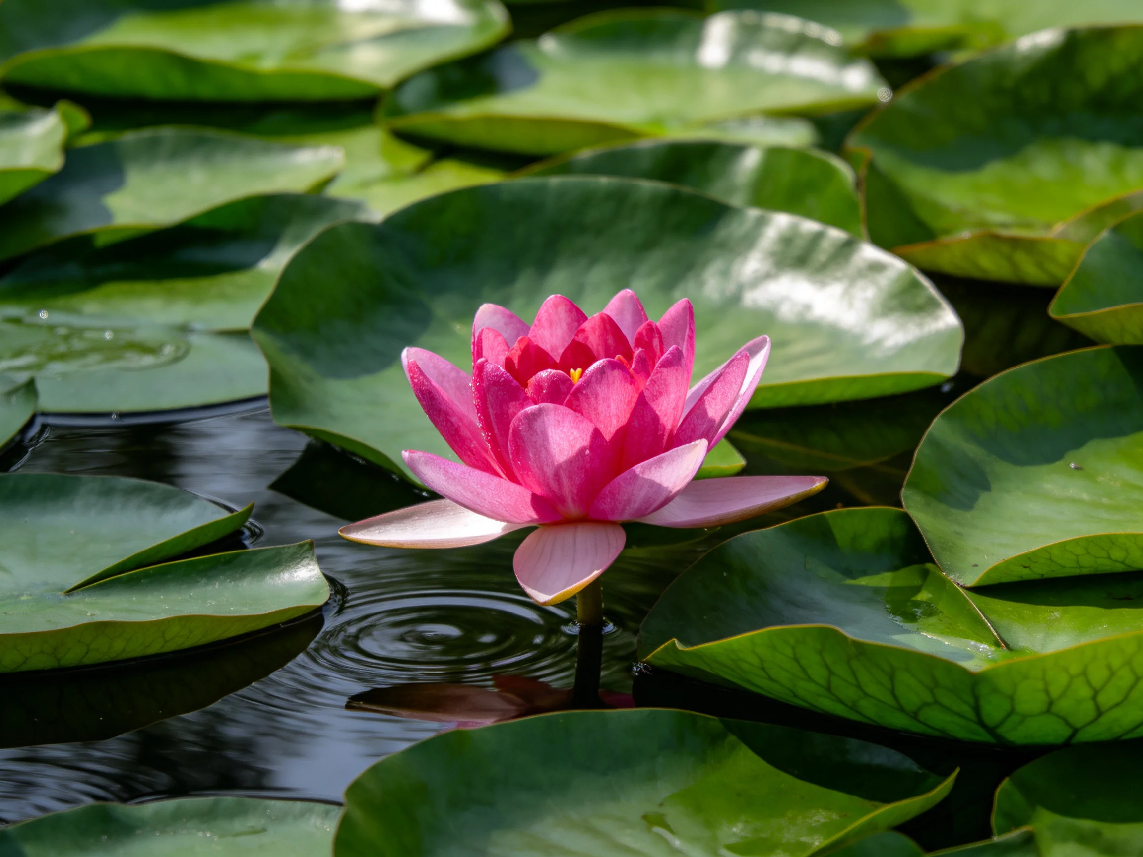 A vibrant pink water lily blooms among large green lily pads in a calm pond.