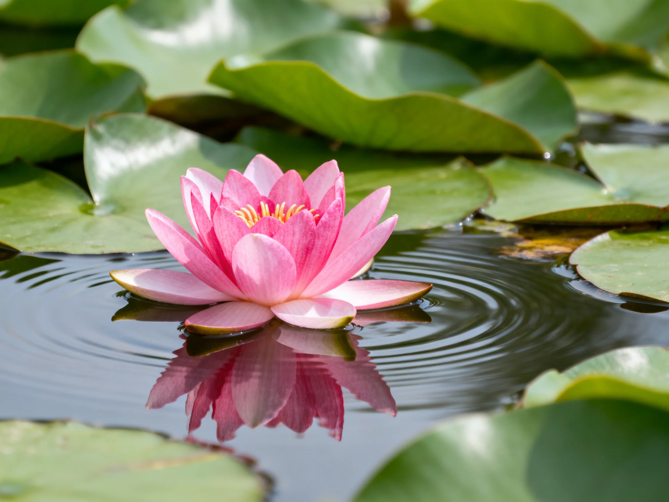 A vibrant pink water lily floats amid broad green lily pads