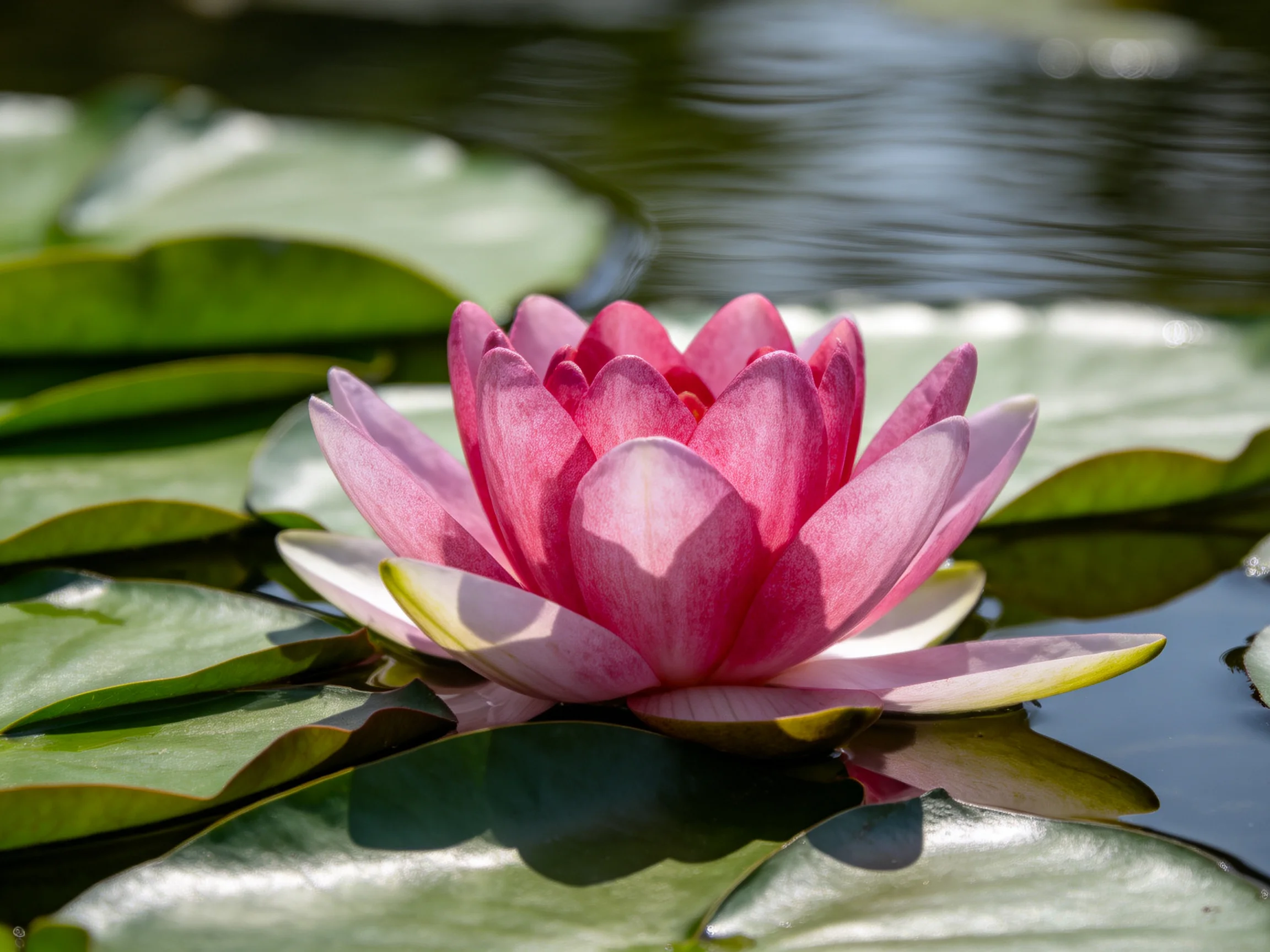 A vibrant pink water lily surrounded by glossy green lily pads in calm water