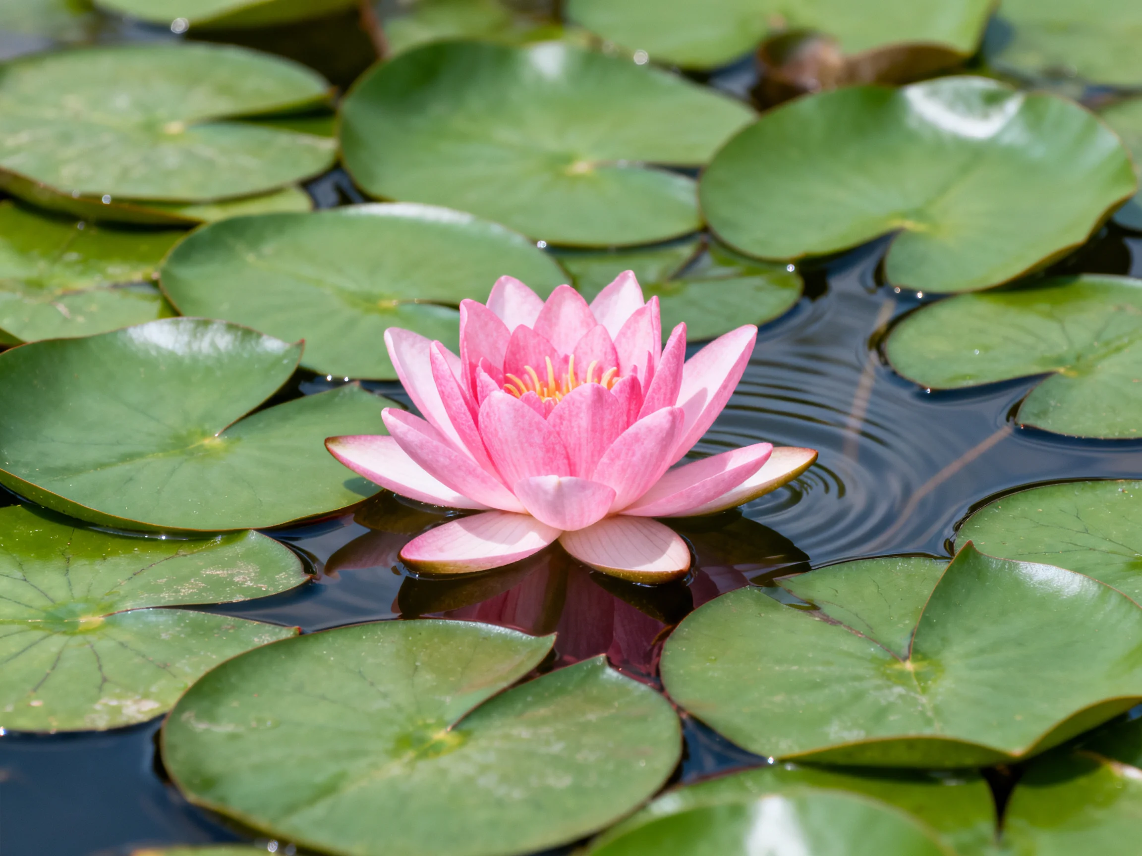 A vibrant pink water lily surrounded by glossy green lily pads