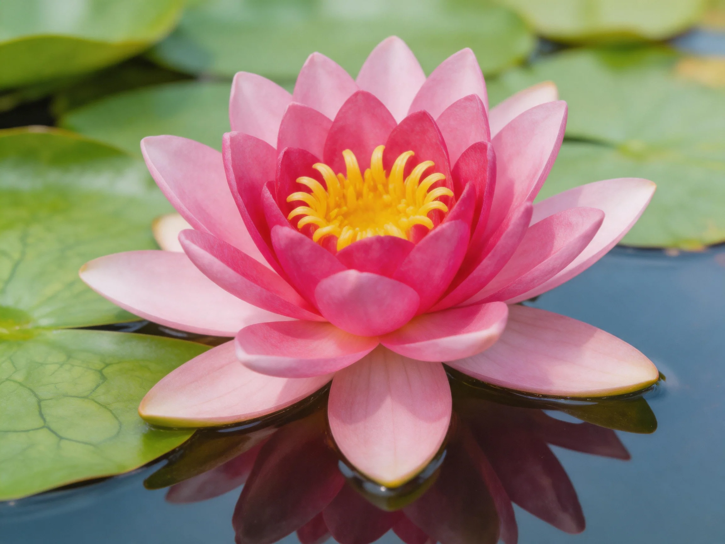 A vibrant pink water lily with yellow center floats amid green lily pads