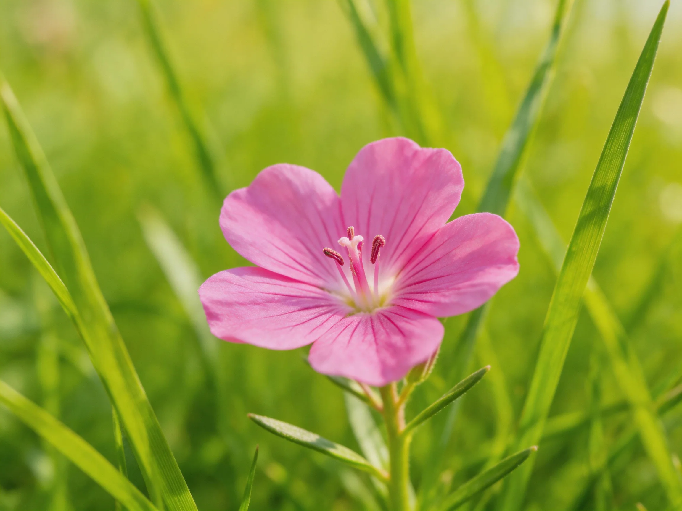 A vibrant pink wildflower blooms amid lush green blades of grass