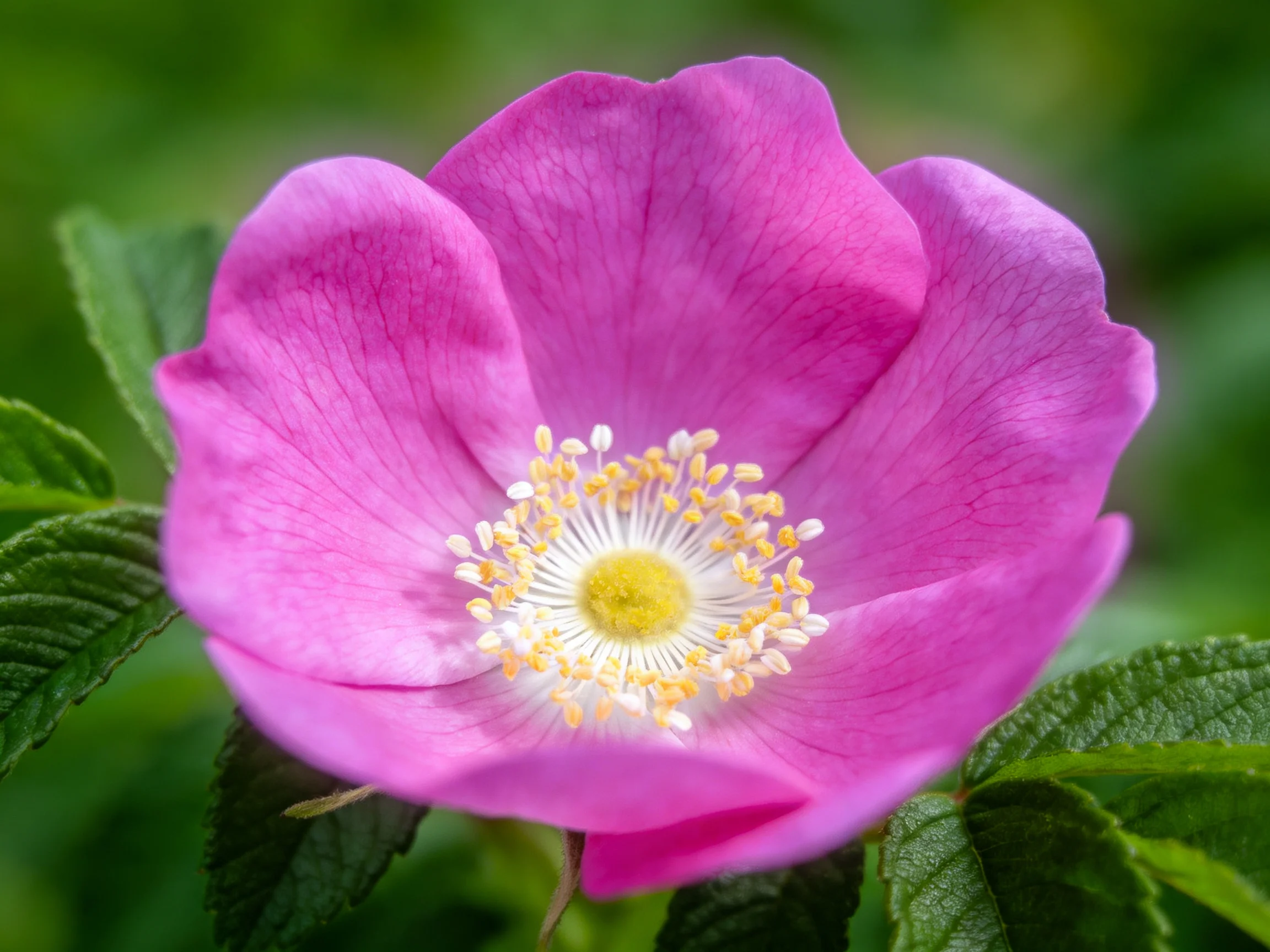 A vibrant pink wildflower with yellow stamens and green foliage