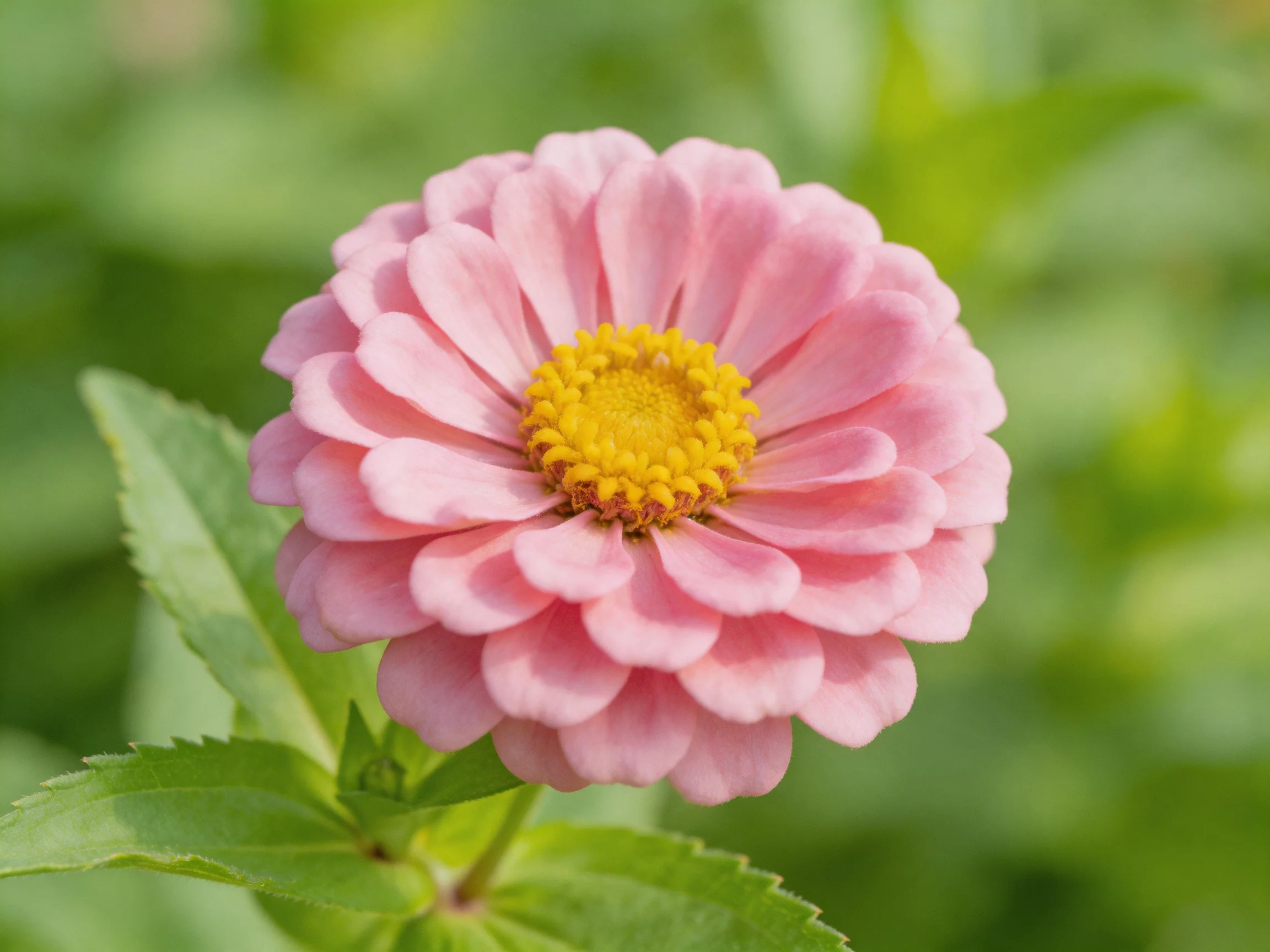 A vibrant pink zinnia with layered petals and a golden-yellow center
