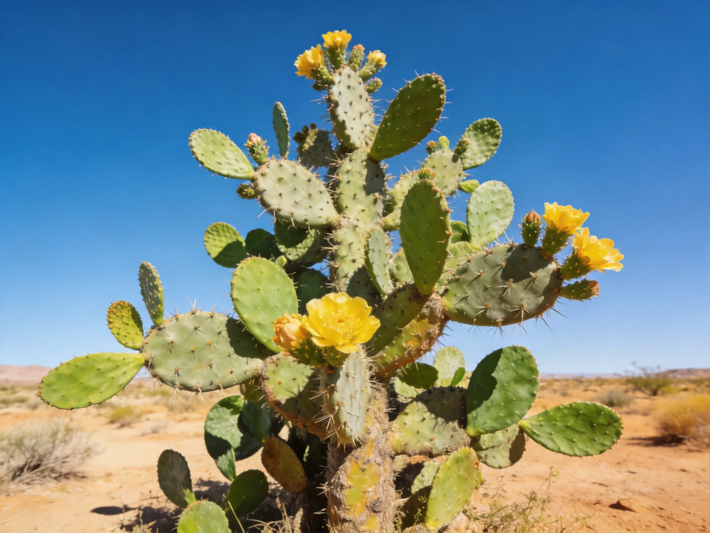 A vibrant prickly pear cactus blooms with yellow flowers in an arid landscape