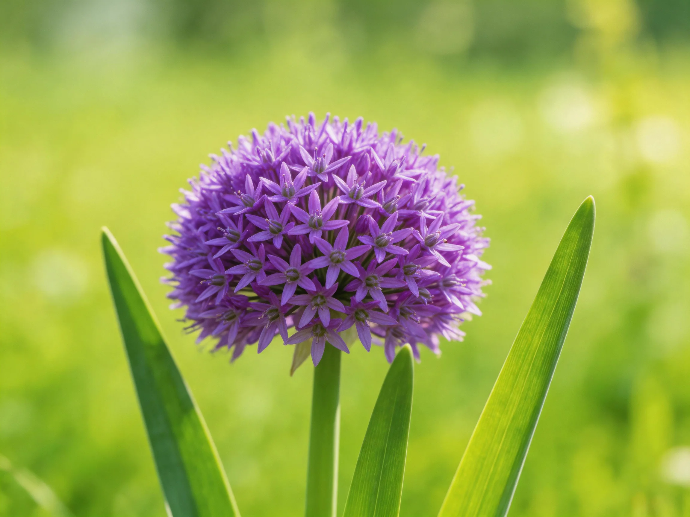 A vibrant purple allium flower blooms amidst long green leaves