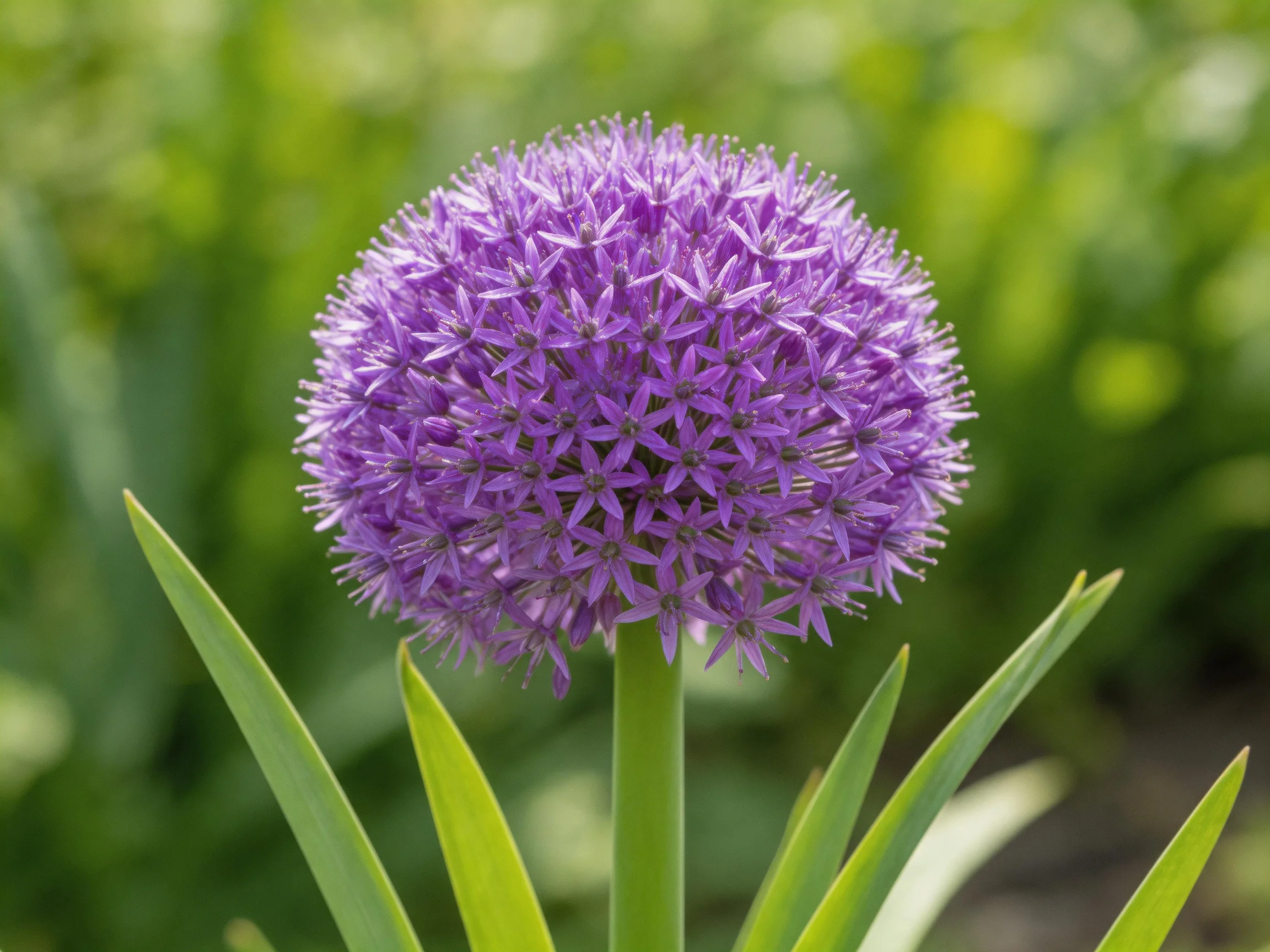 A vibrant purple allium flower with spherical bloom