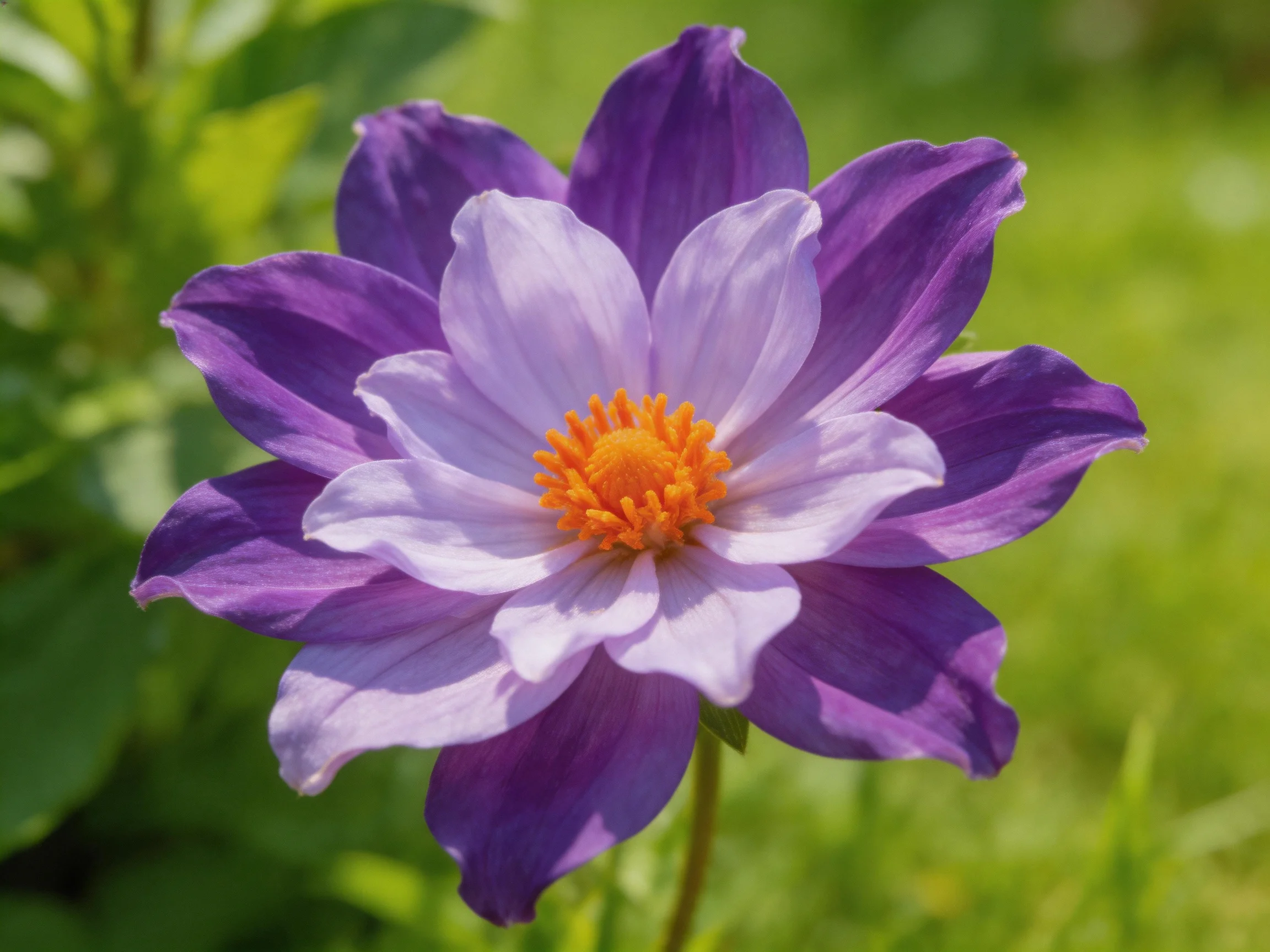 A vibrant purple and lavender flower with an orange center