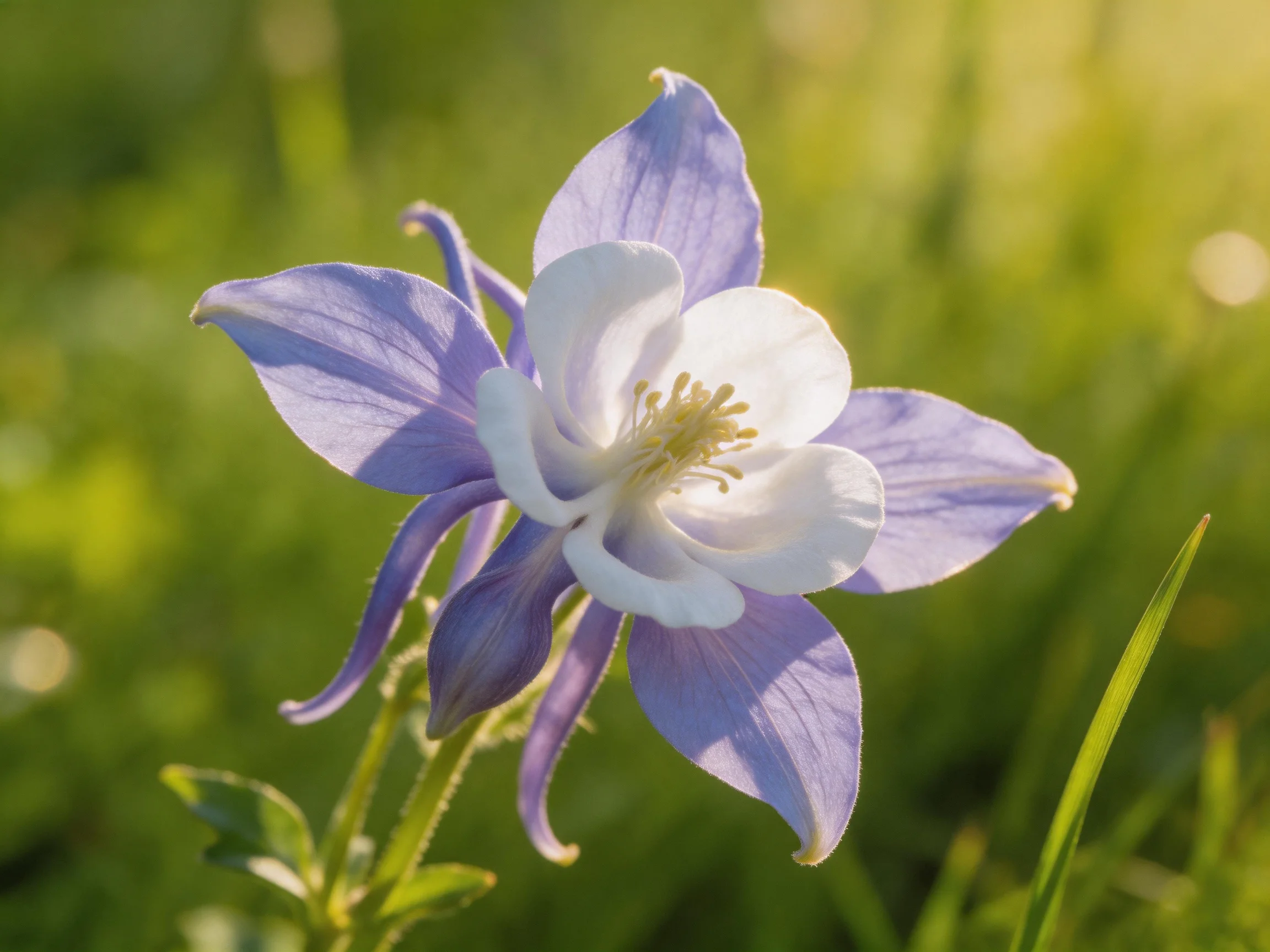 A vibrant purple and white columbine flower in a sunlit meadow
