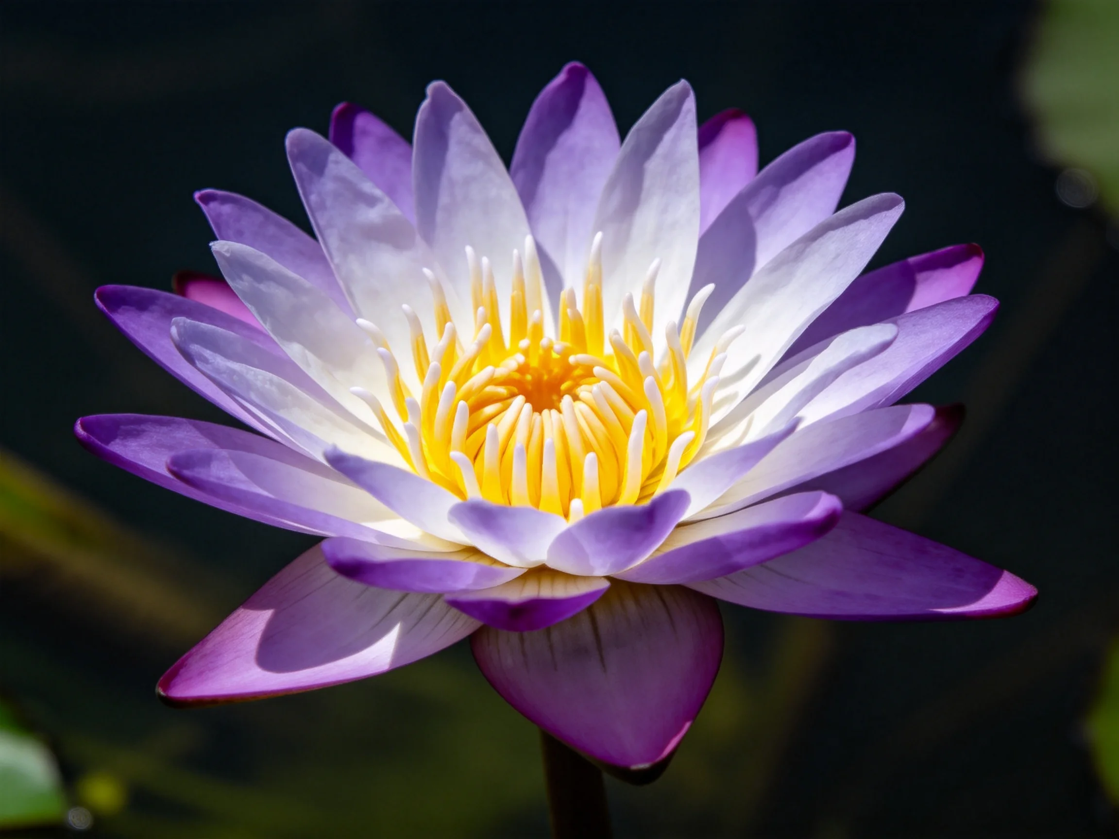 A vibrant purple and white water lily with a bright yellow central core