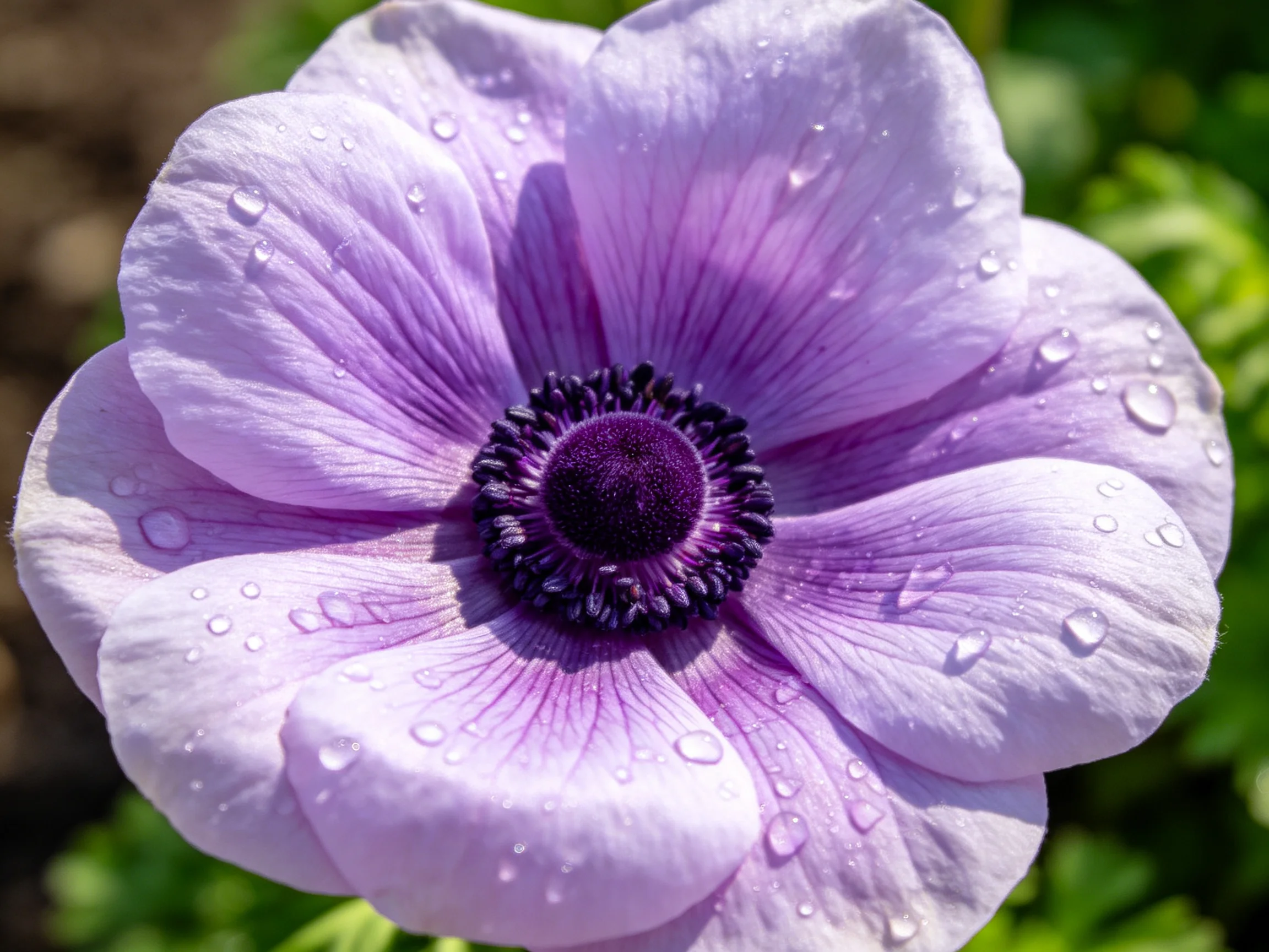 A vibrant purple anemone adorned with water droplets