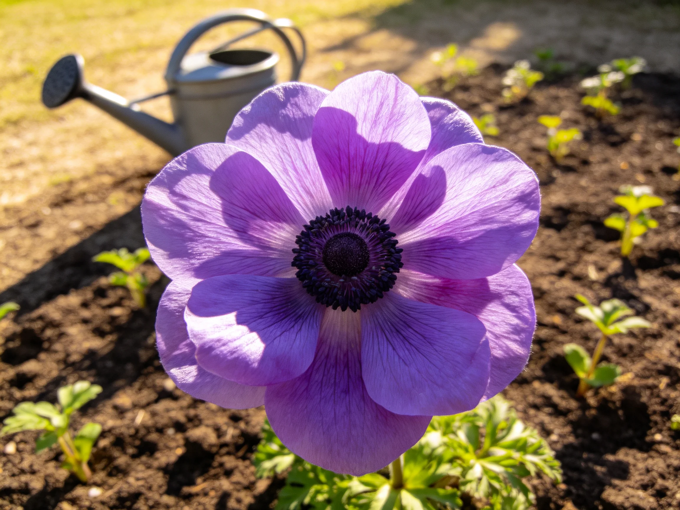 A vibrant purple anemone blooms beside a silver watering can in a sunlit garden bed