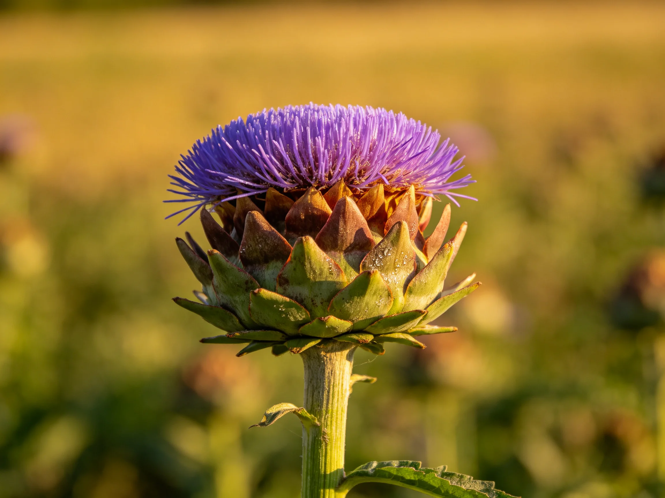 A vibrant purple artichoke flower blooms in a sunlit field