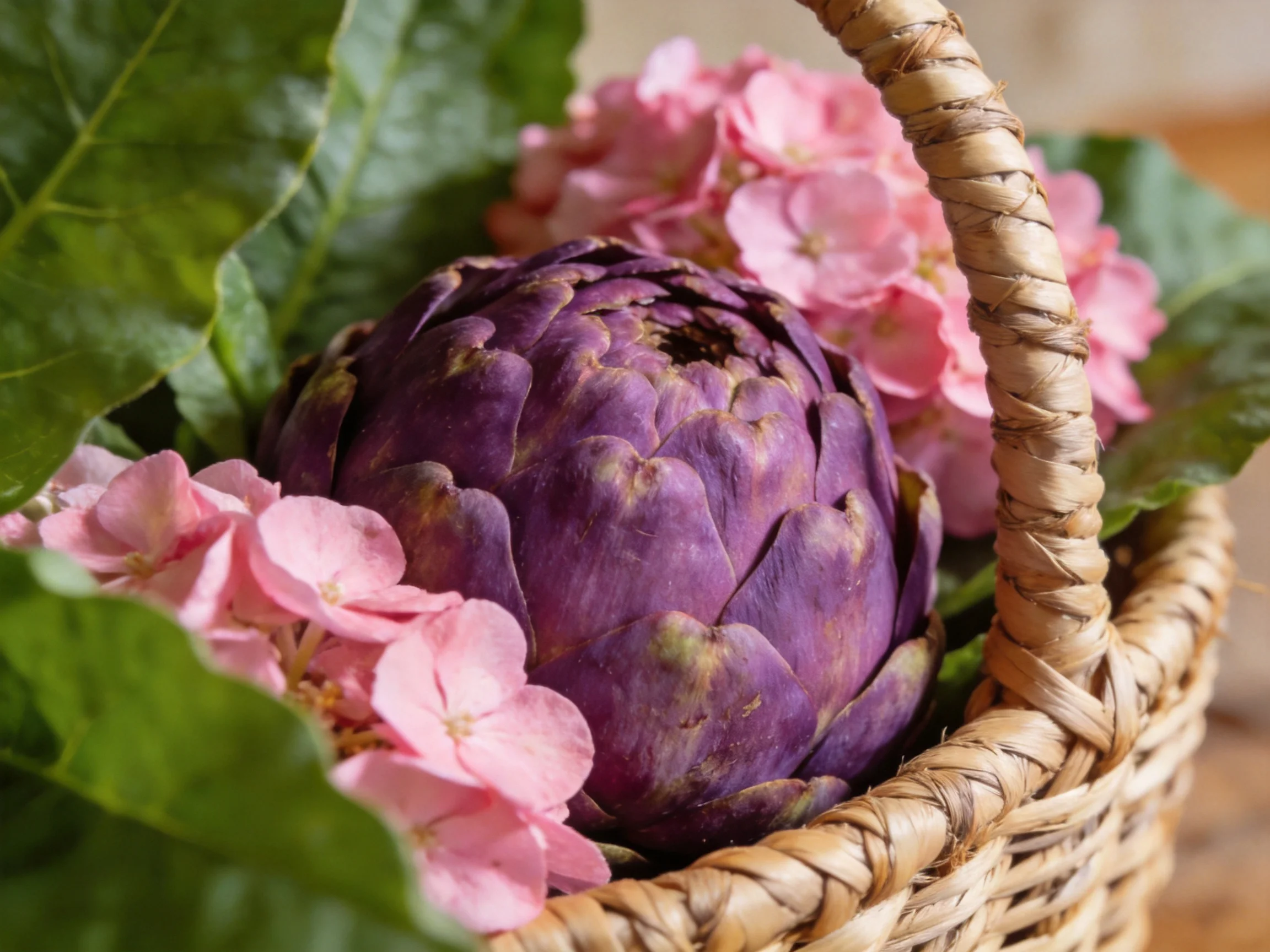A vibrant purple artichoke surrounded by pink blooms in a wicker basket