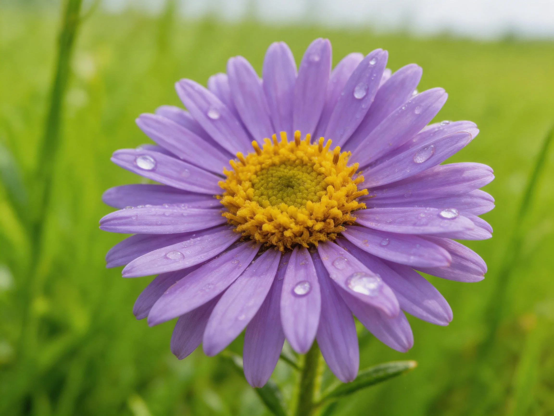 A vibrant purple aster with water droplets in a lush green field