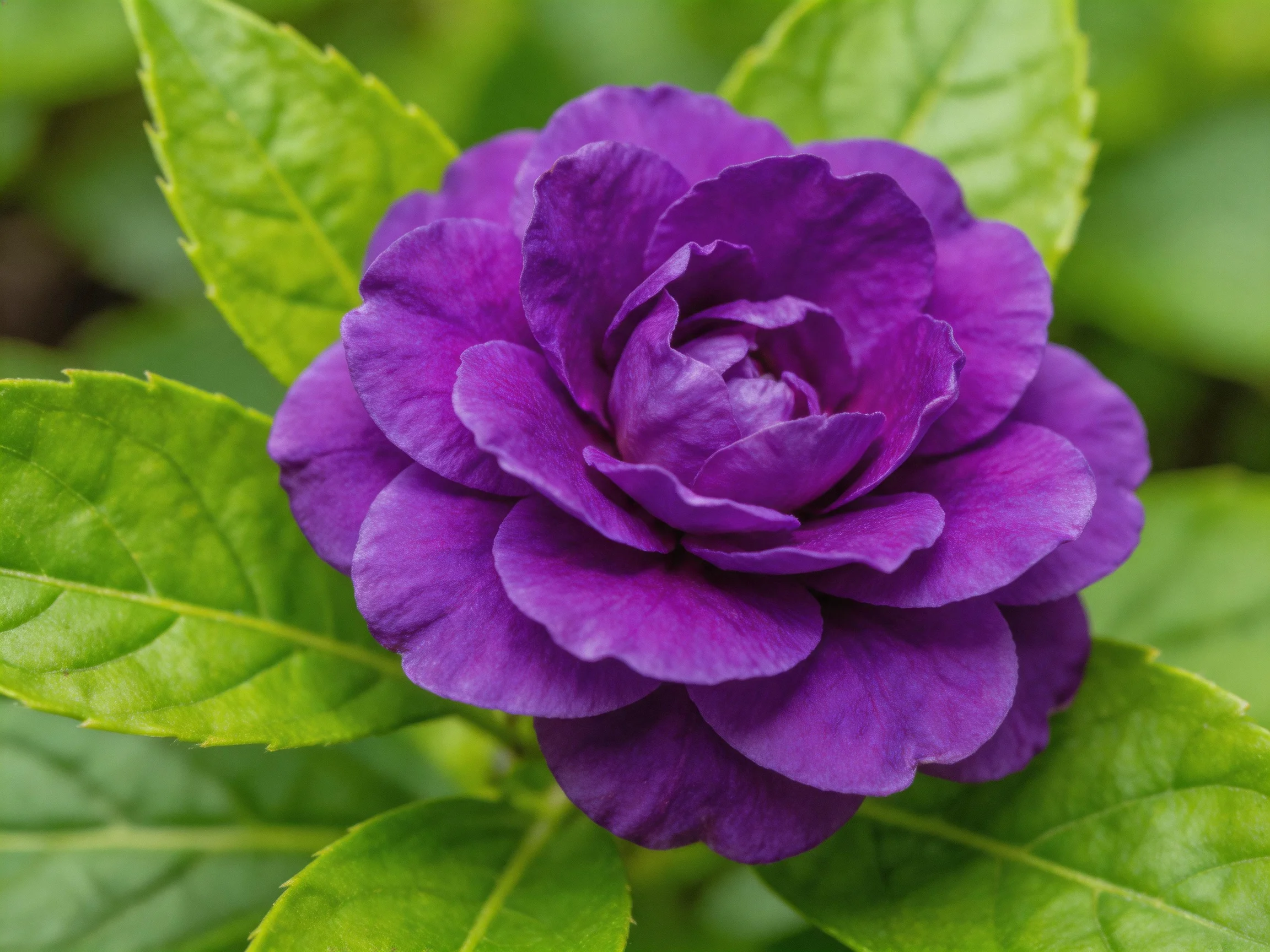 A vibrant purple camellia surrounded by lush green foliage