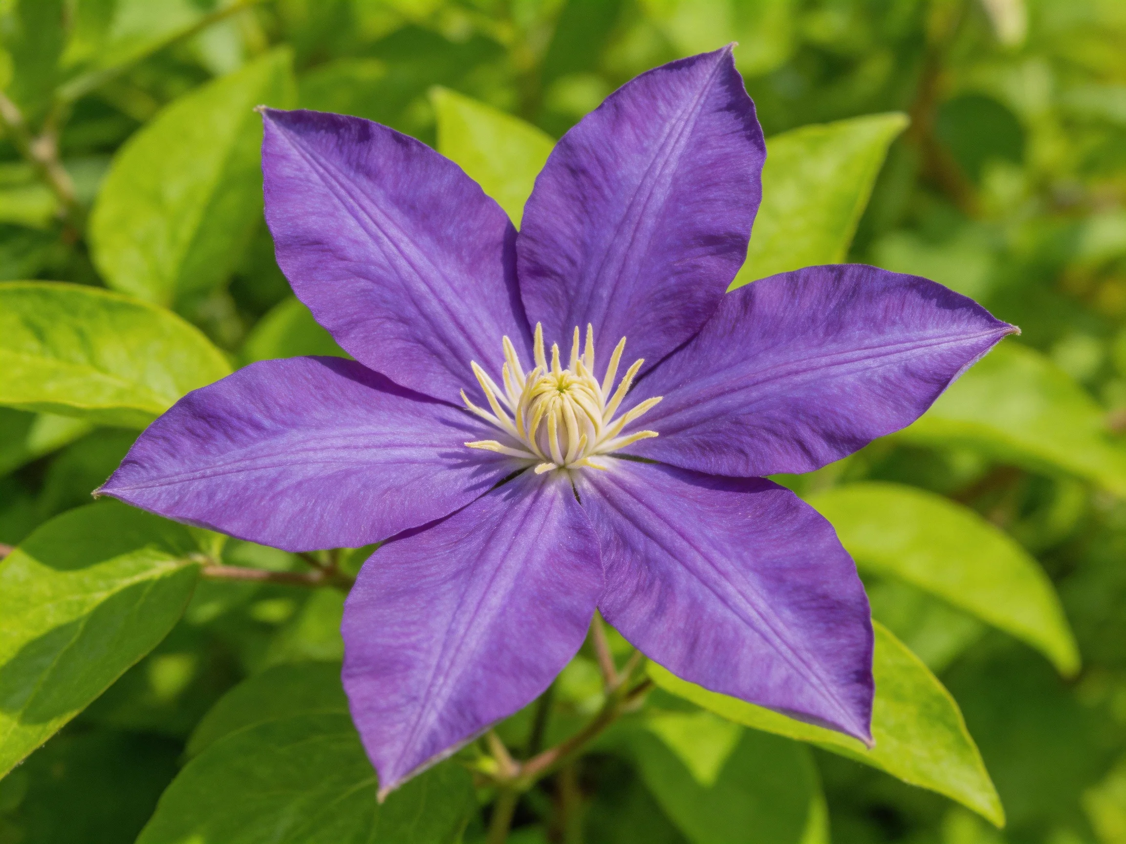 A vibrant purple clematis flower surrounded by lush green leaves