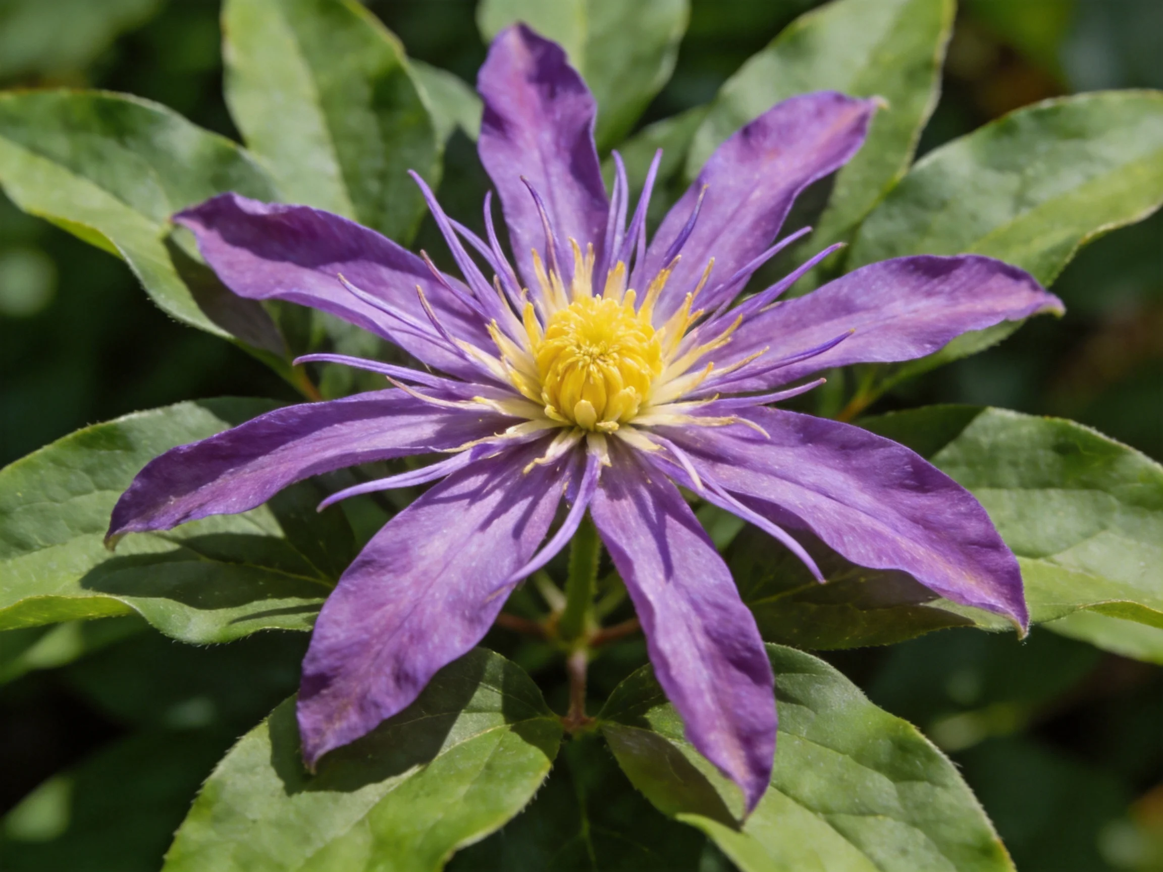 A vibrant purple clematis flower with a bright yellow center