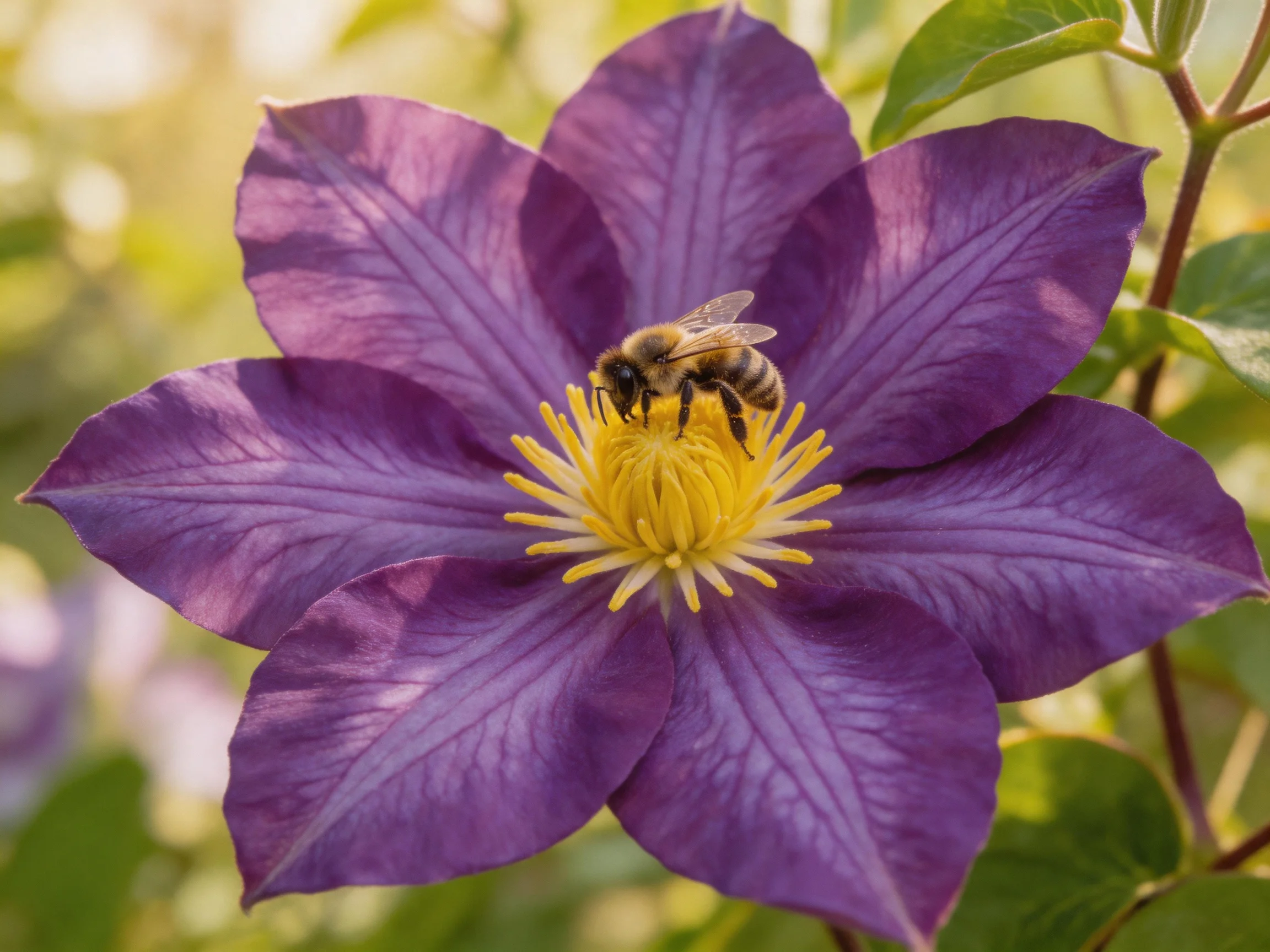 A vibrant purple clematis flower with a honeybee on its yellow center