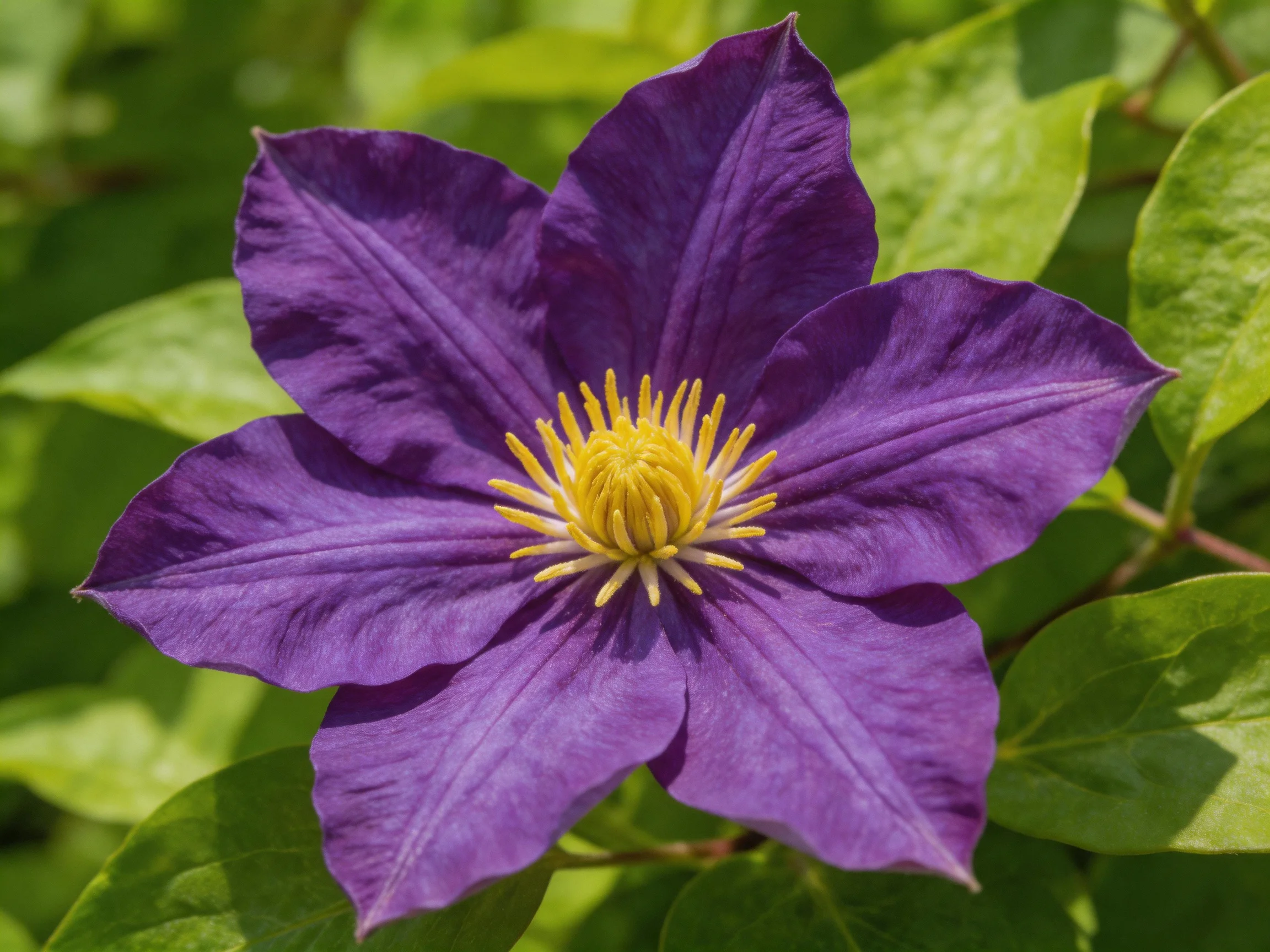 A vibrant purple clematis flower with golden center