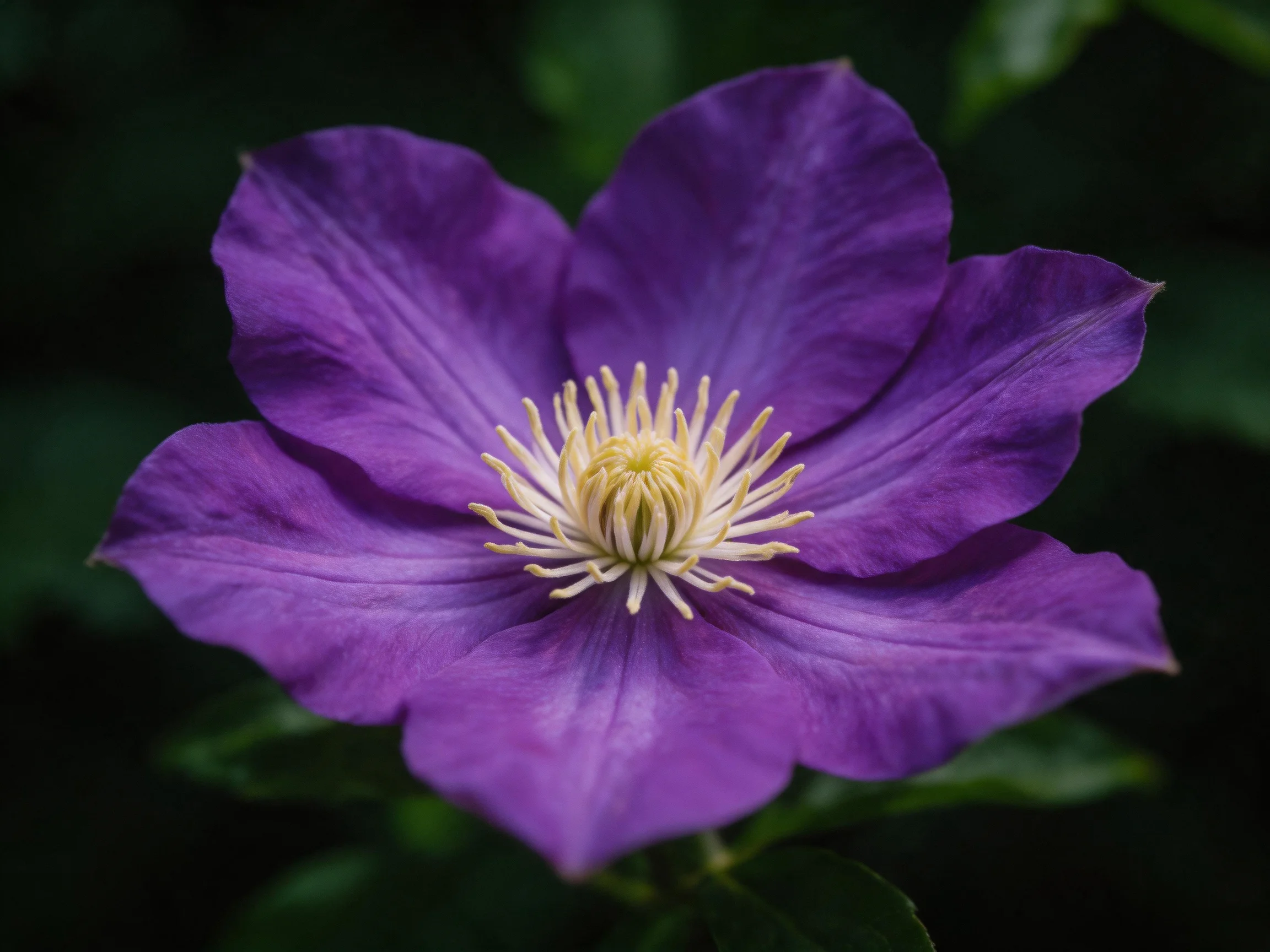 A vibrant purple clematis flower with golden central stamens