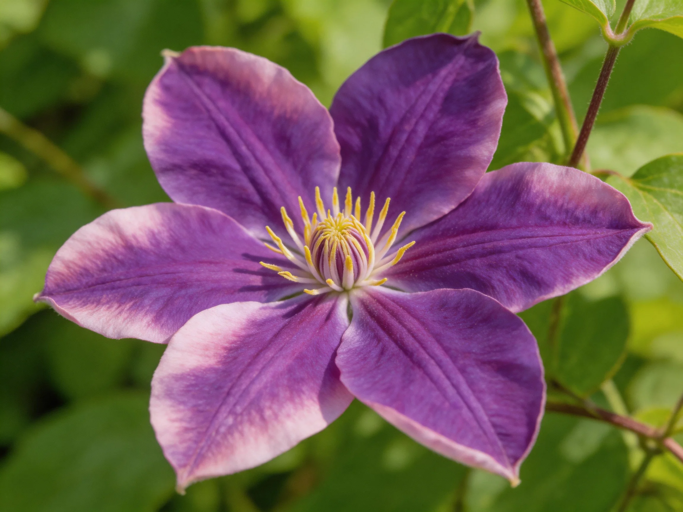 A vibrant purple clematis flower with golden stamens