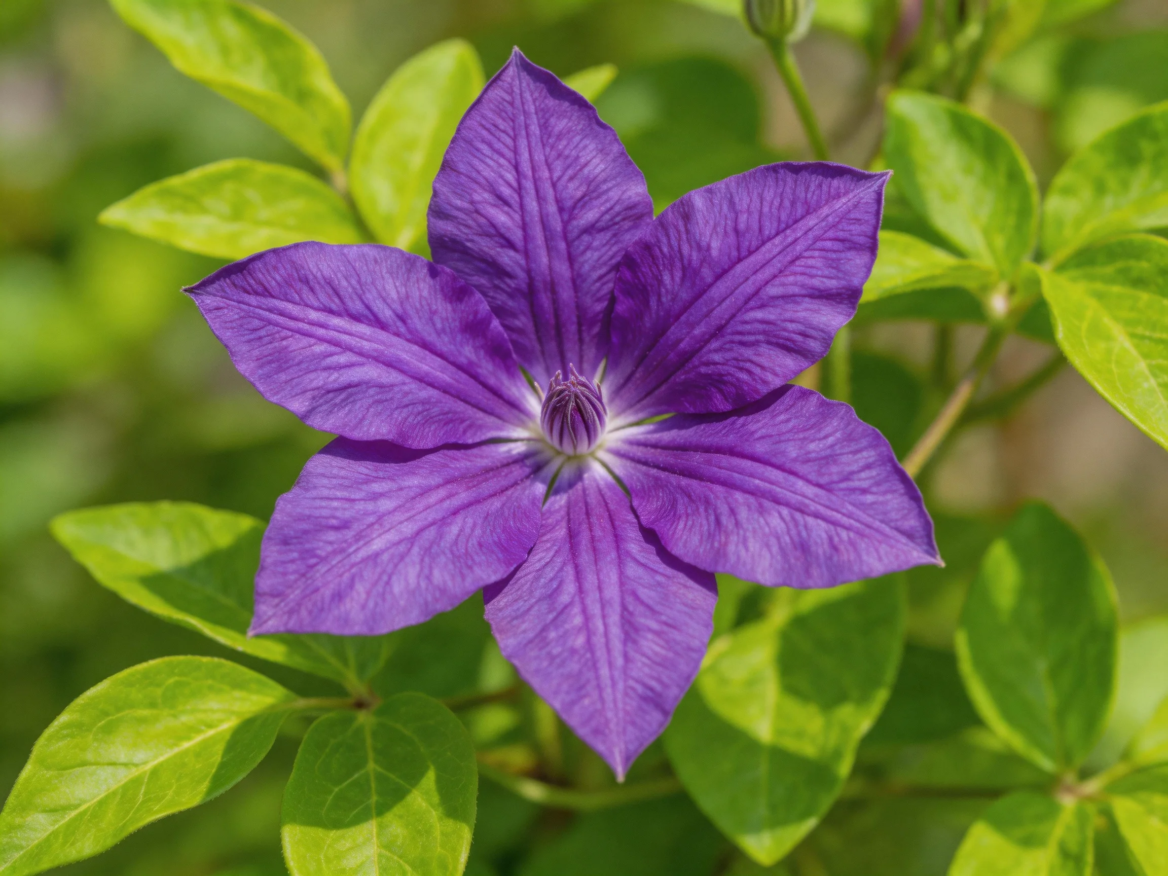 A vibrant purple clematis flower with lush green foliage