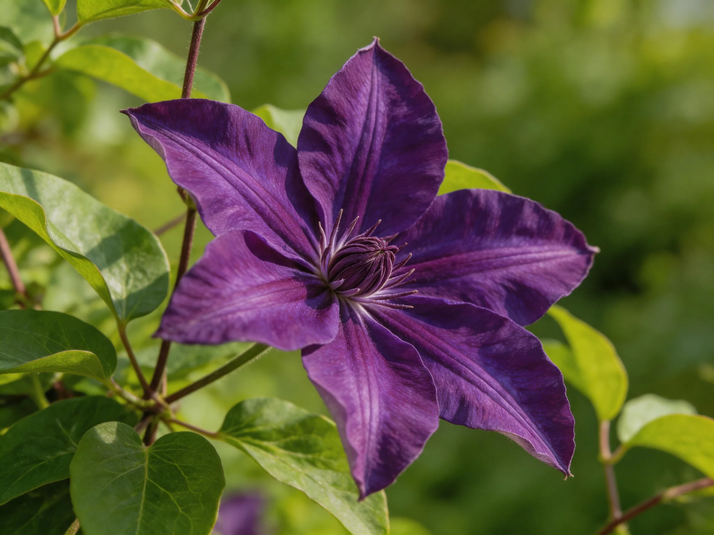 A vibrant purple clematis flower with lush green leaves