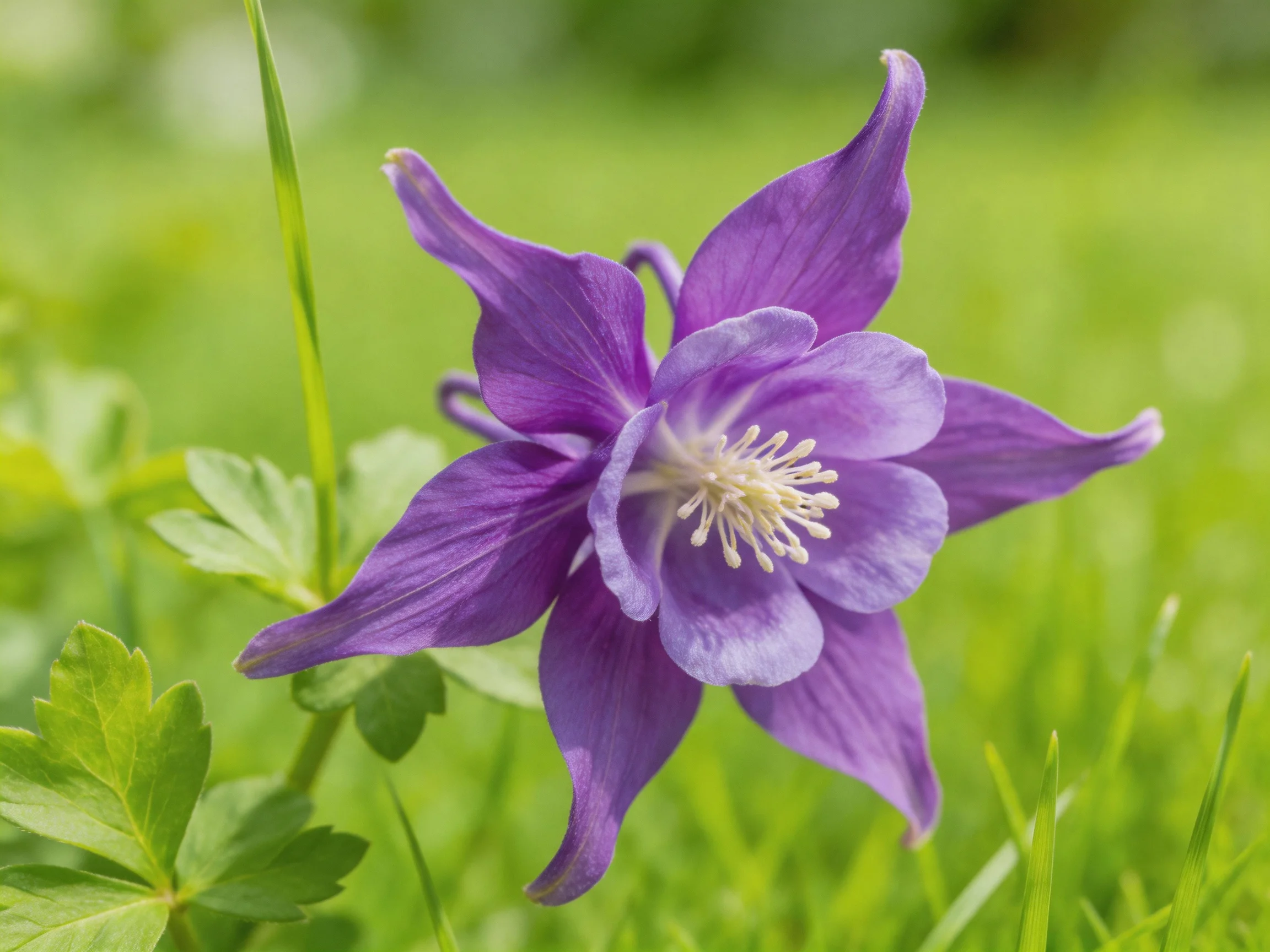 A vibrant purple columbine blooms amid lush greenery