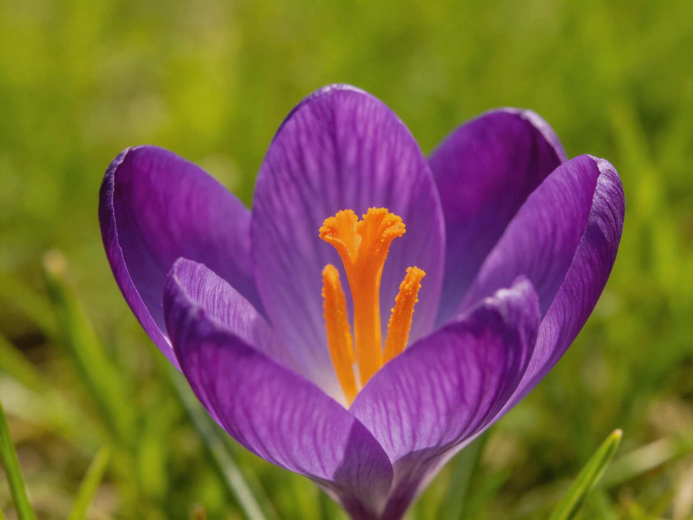 A vibrant purple crocus bloom with bright orange stamens