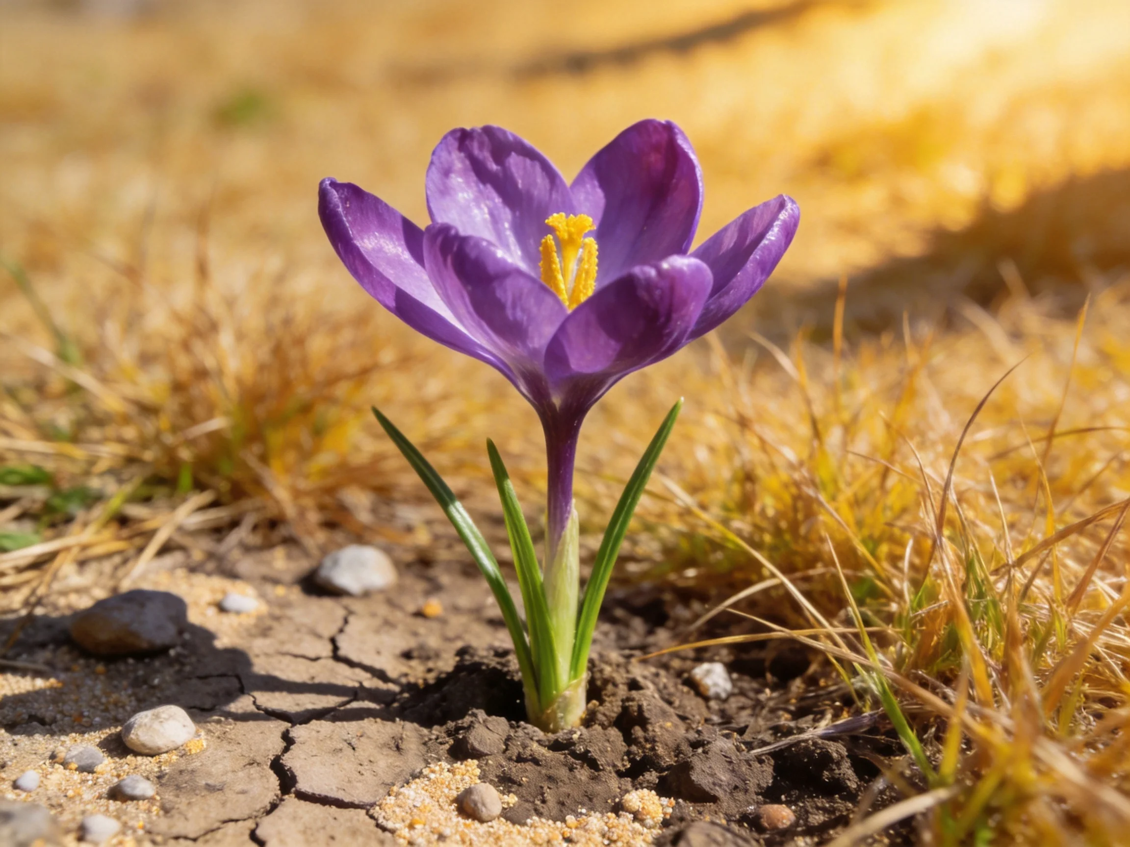 A vibrant purple crocus blooms amid dry earth and golden grasses